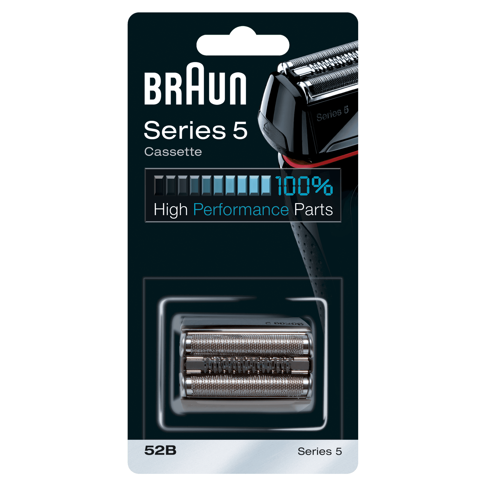 Braun Series 5 scheercassette in een zwart-blauwe verpakking met een witte achtergrond.