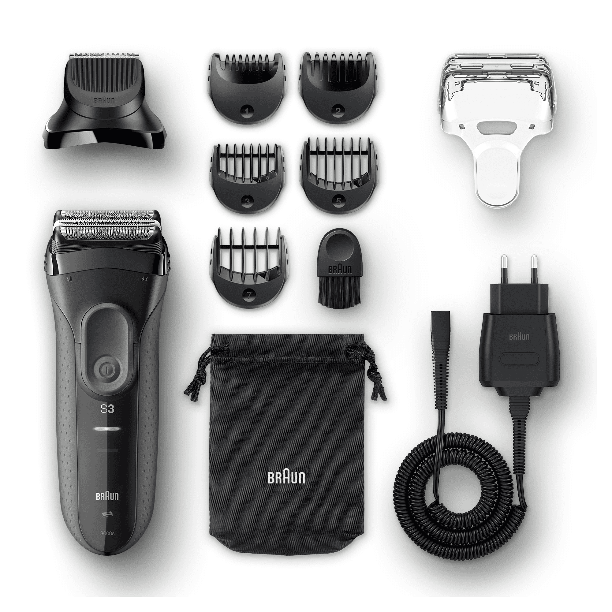 A set of electric shaver parts, including the shaver, heads, and a charging cable.