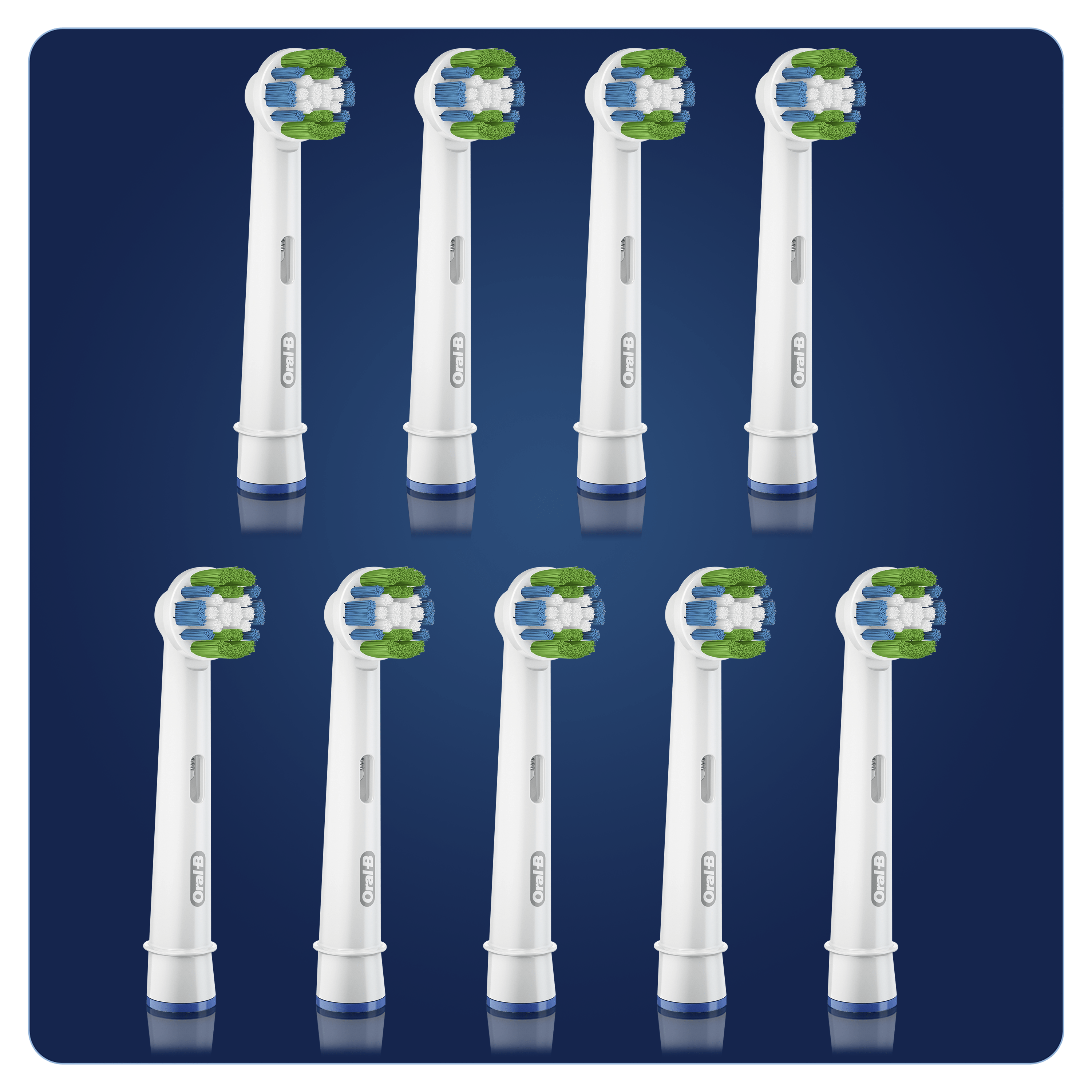 Ten white and green toothbrush heads on a blue background. The brand name 'Oral B' is visible.