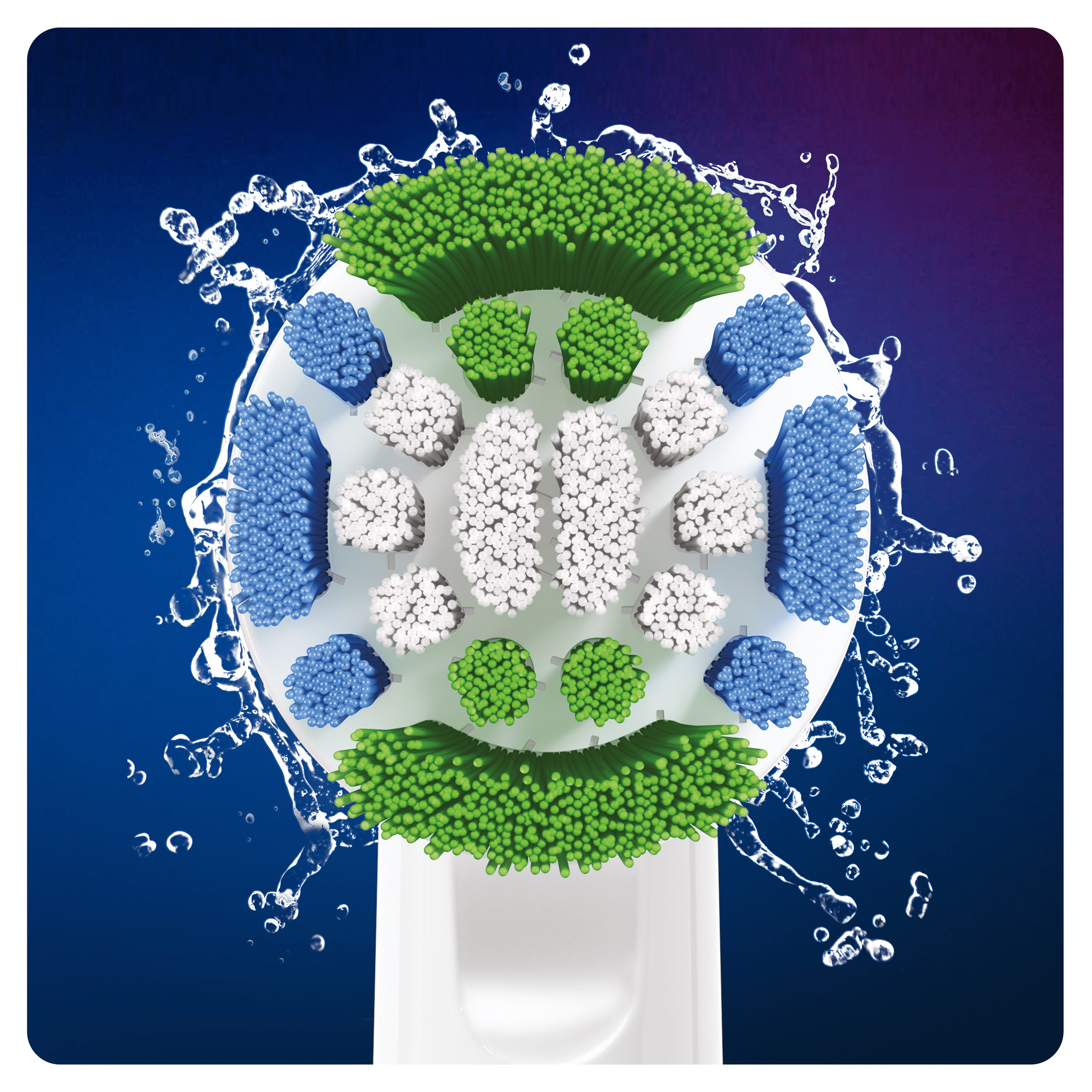 A close-up of an electric toothbrush head with water splashes. Blue and green bristles.
