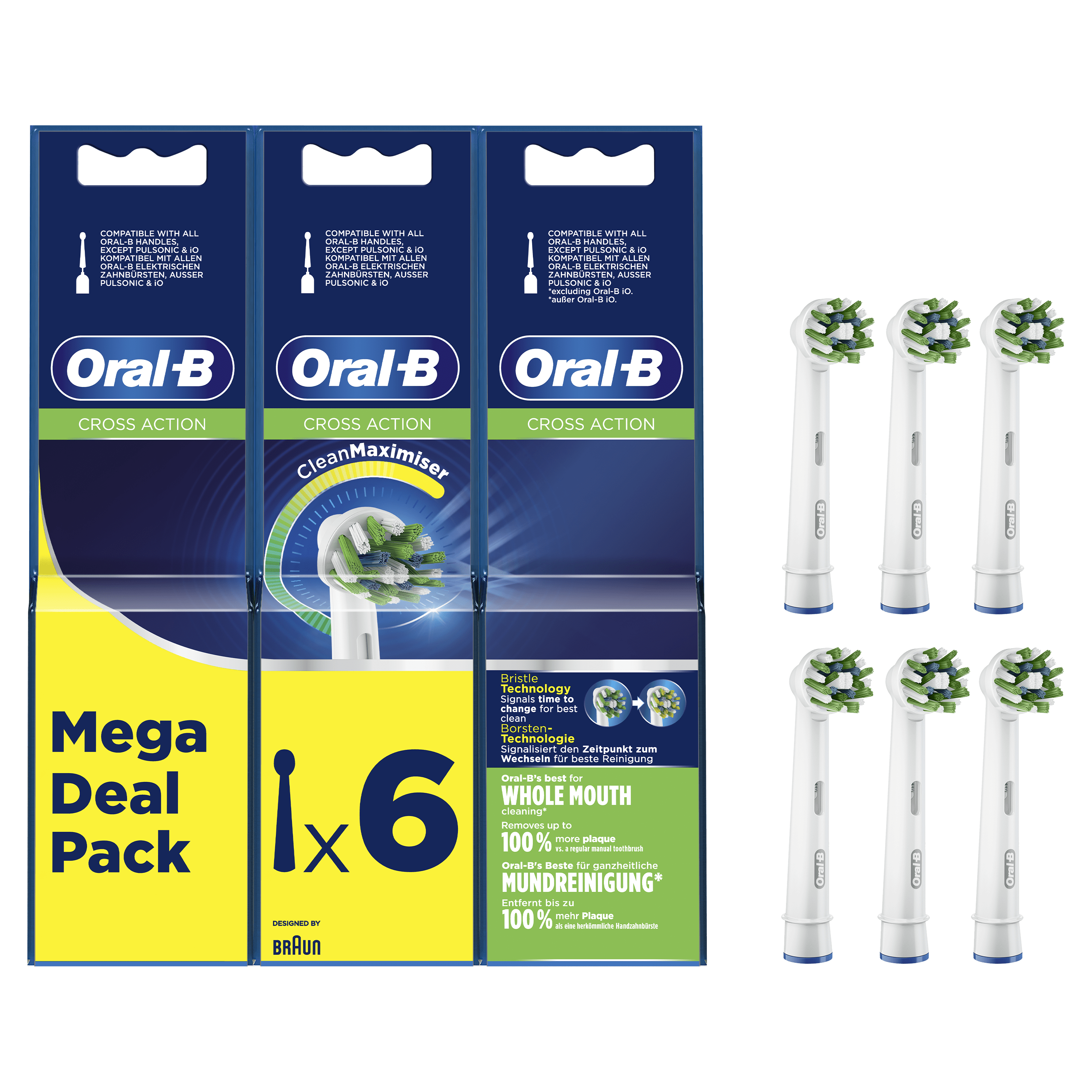 Six Oral-B toothbrush heads in a package, with text about plaque removal and clean mouth.