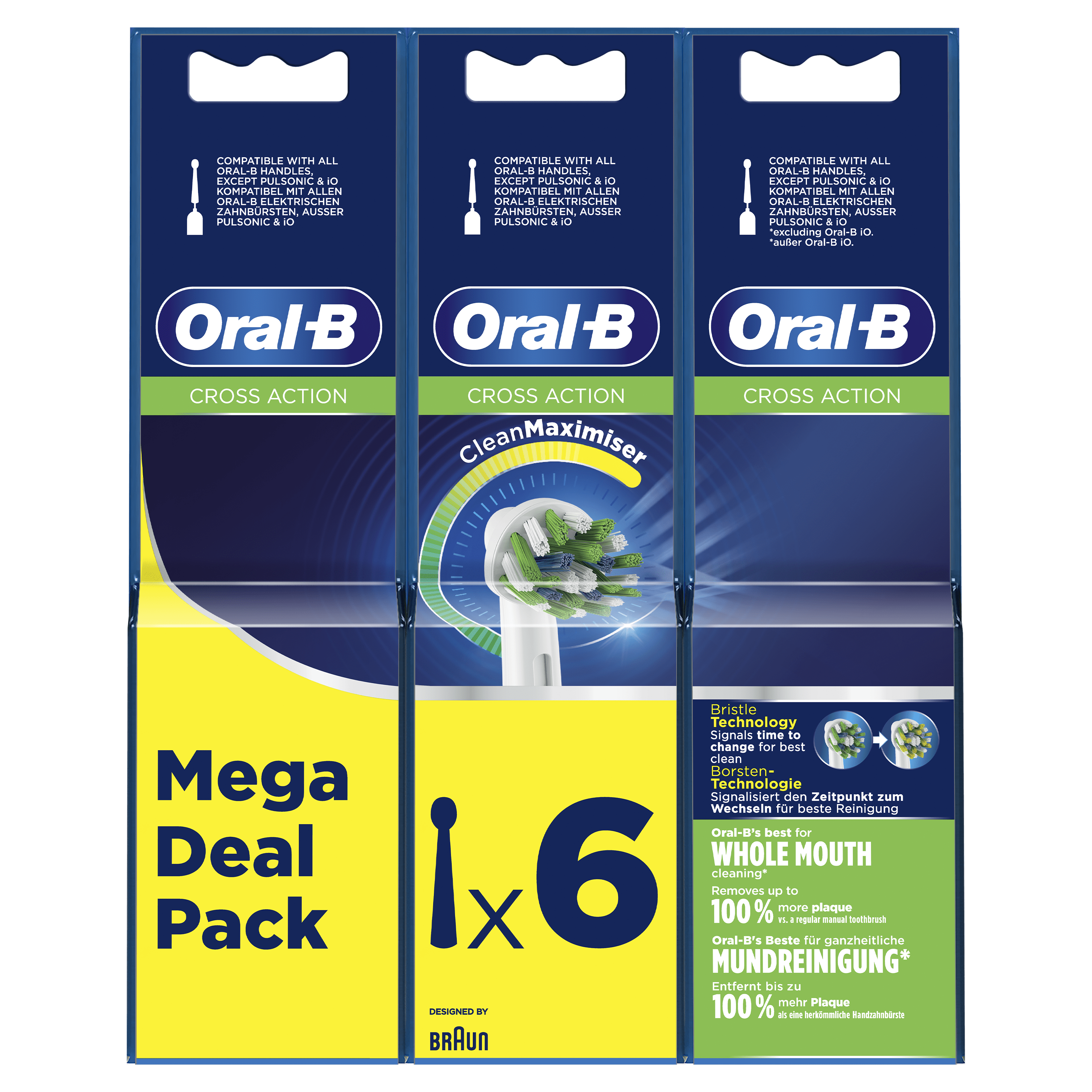 Three Oral-B Cross Action toothbrush packs. Each has a handle and brush heads.