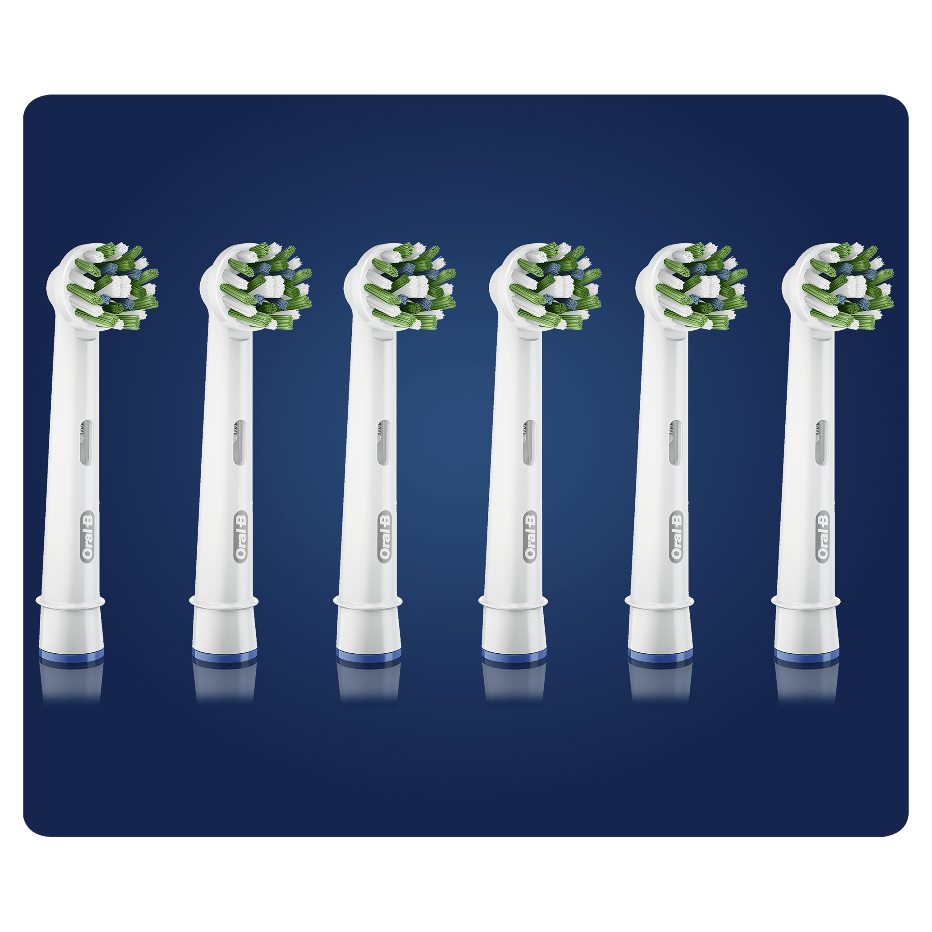 Six white Oral-B toothbrush heads with green and white bristles on blue background.
