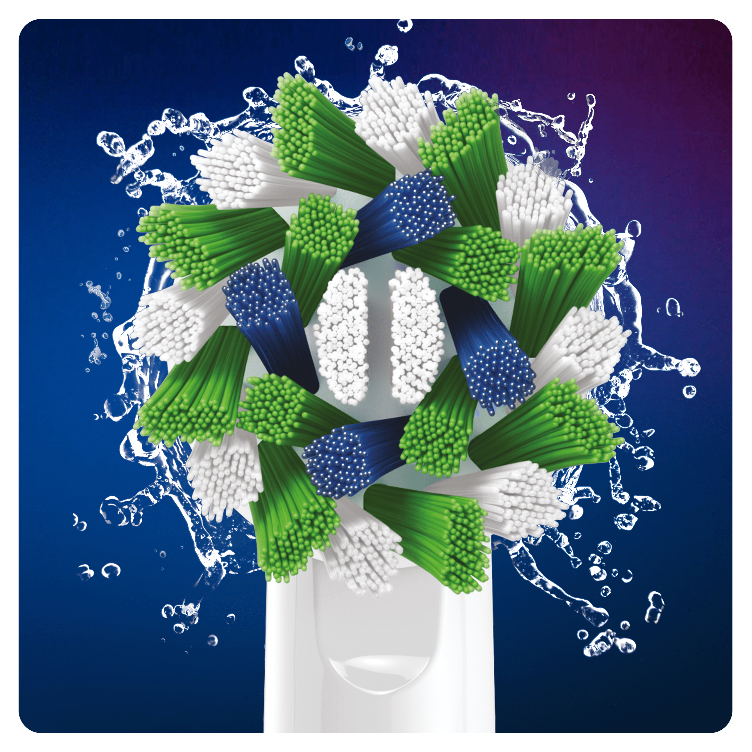 Close-up of a white electric toothbrush head with blue, green, and white bristles, and water splash.