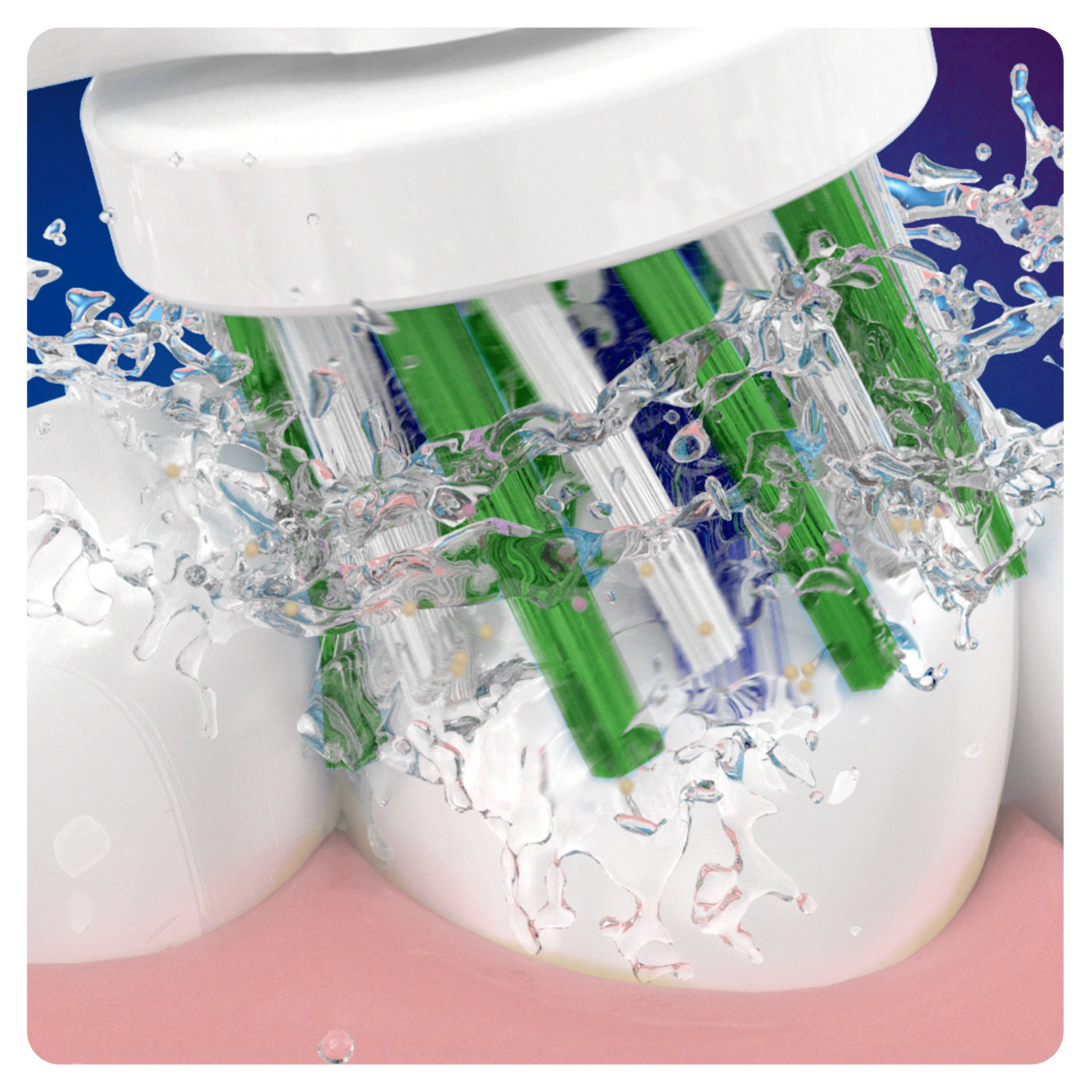 Close-up of a toothbrush cleaning teeth, water splashing, blue background.