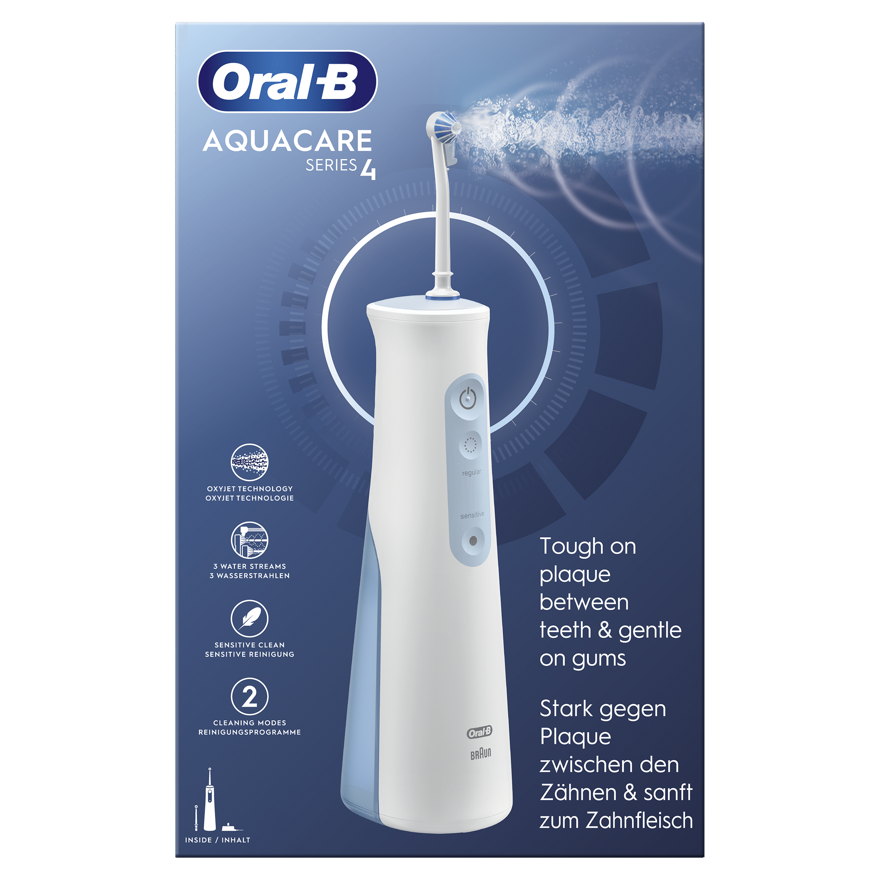 Oral-B Aquacare Serie 4 waterflosser, met tekst en diagrammen.