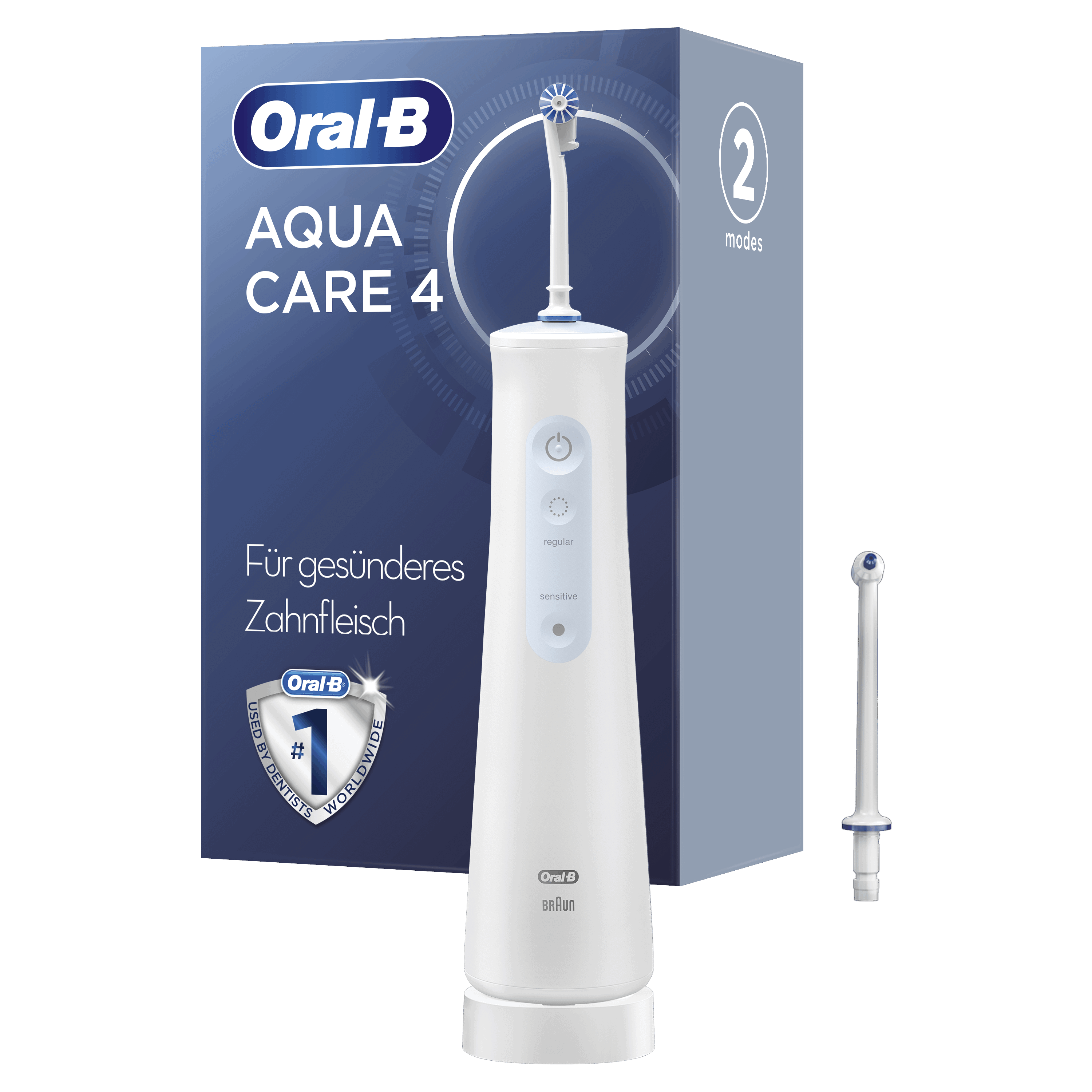 Oral-B Aqua Care 4 waterflosser, wit, met doos met product en instructies.