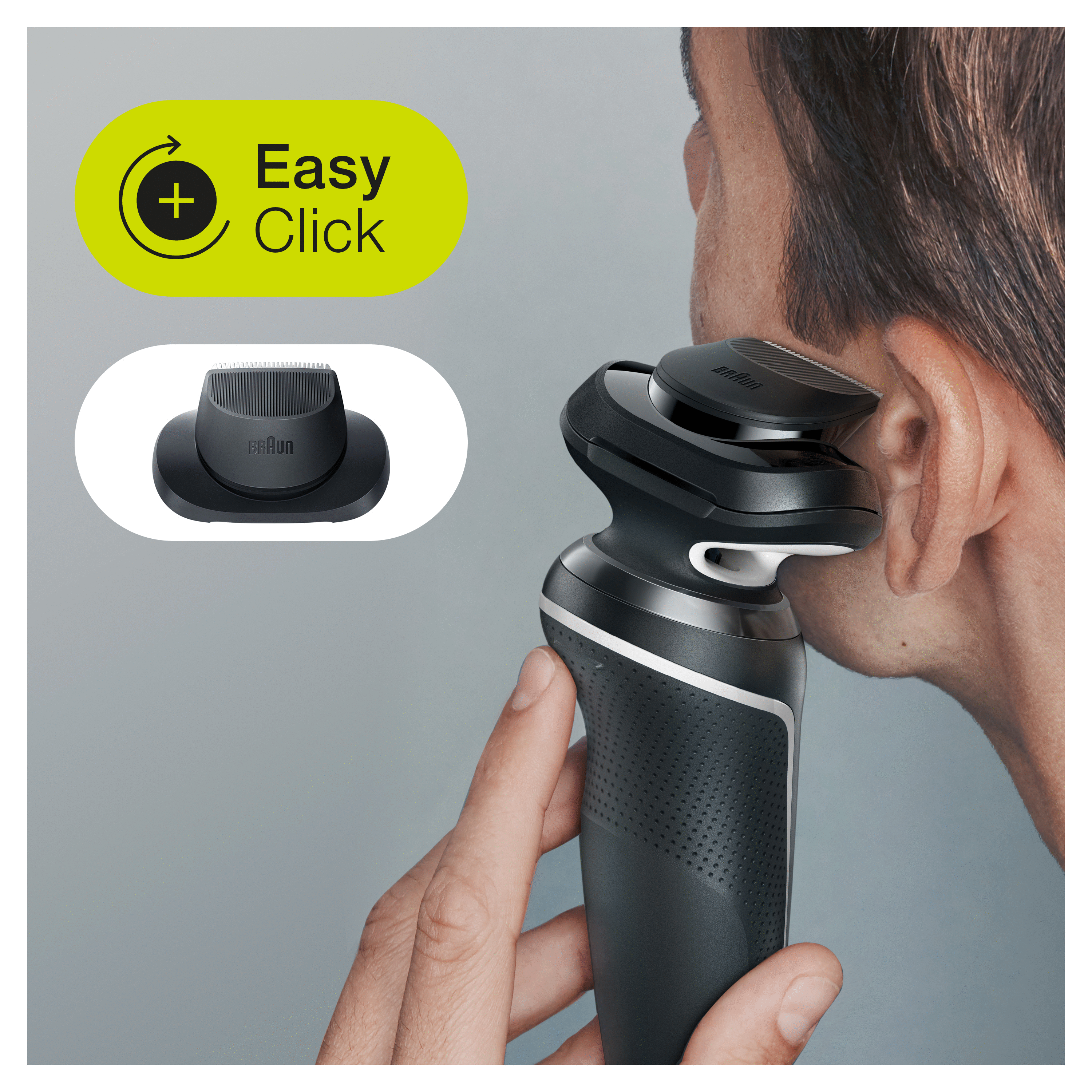 A man shaves with a black electric razor, with an easy-click attachment displayed.
