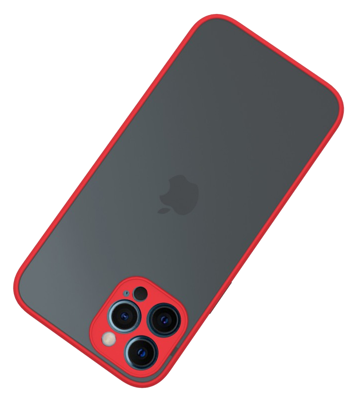 Fekete iPhone piros kerettel. A kamerák lencséi láthatók, felfelé néznek.