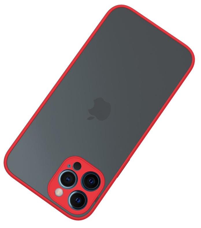 Fekete telefon piros szegélyű tokkal, kamerával és Apple logóval.