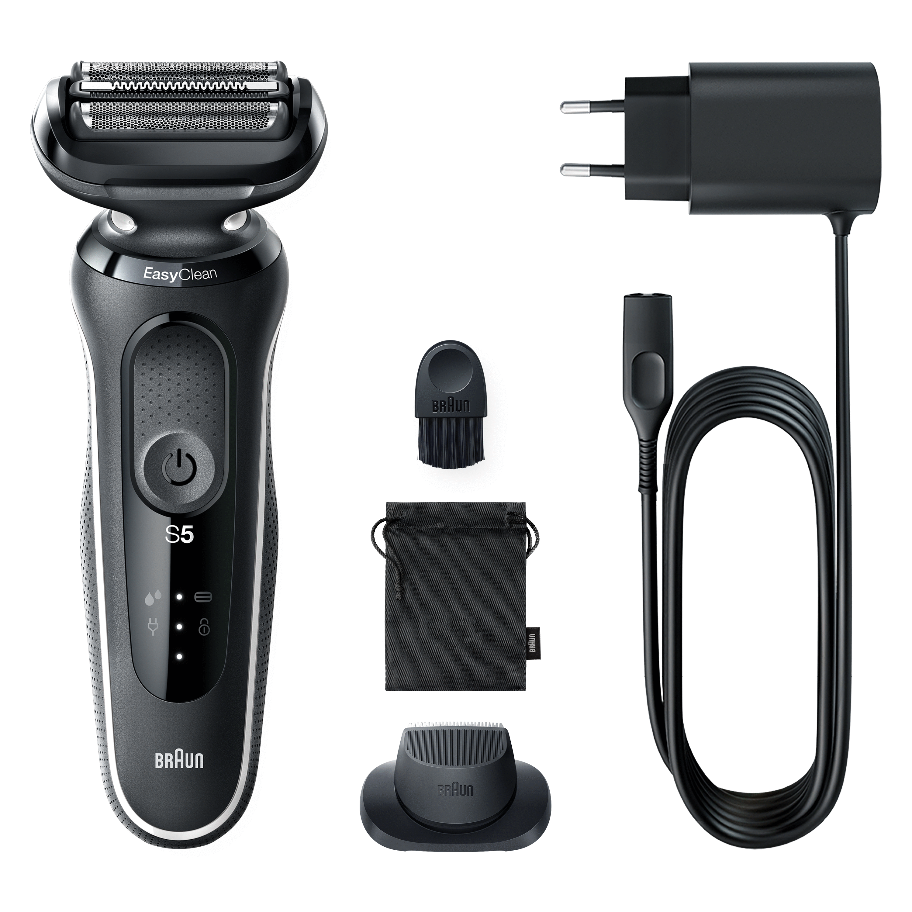 Black electric shaver with accessories, including a charger and a cleaning brush.