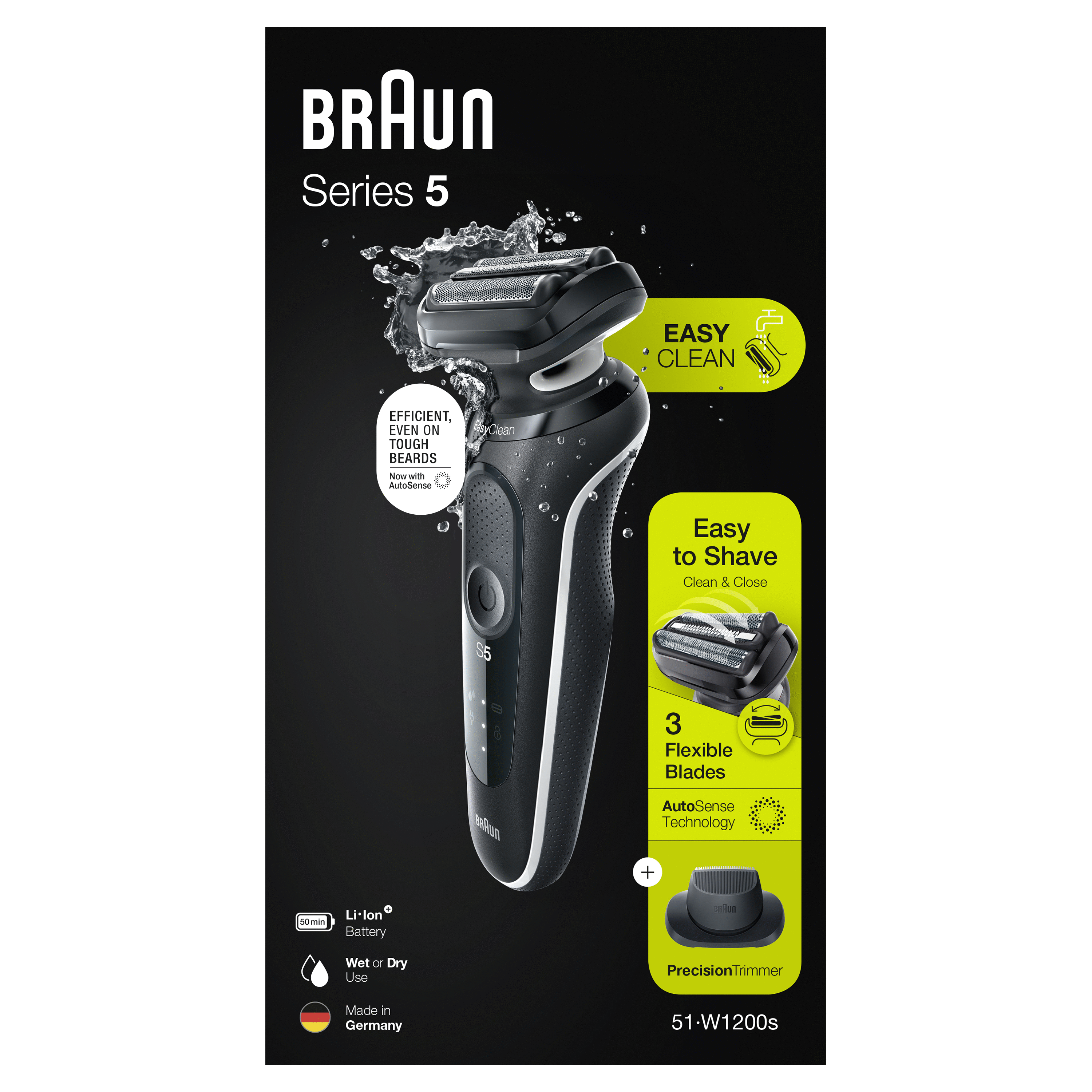 Braun Series 5 electric shaver with a black body and a white background, featuring product details.