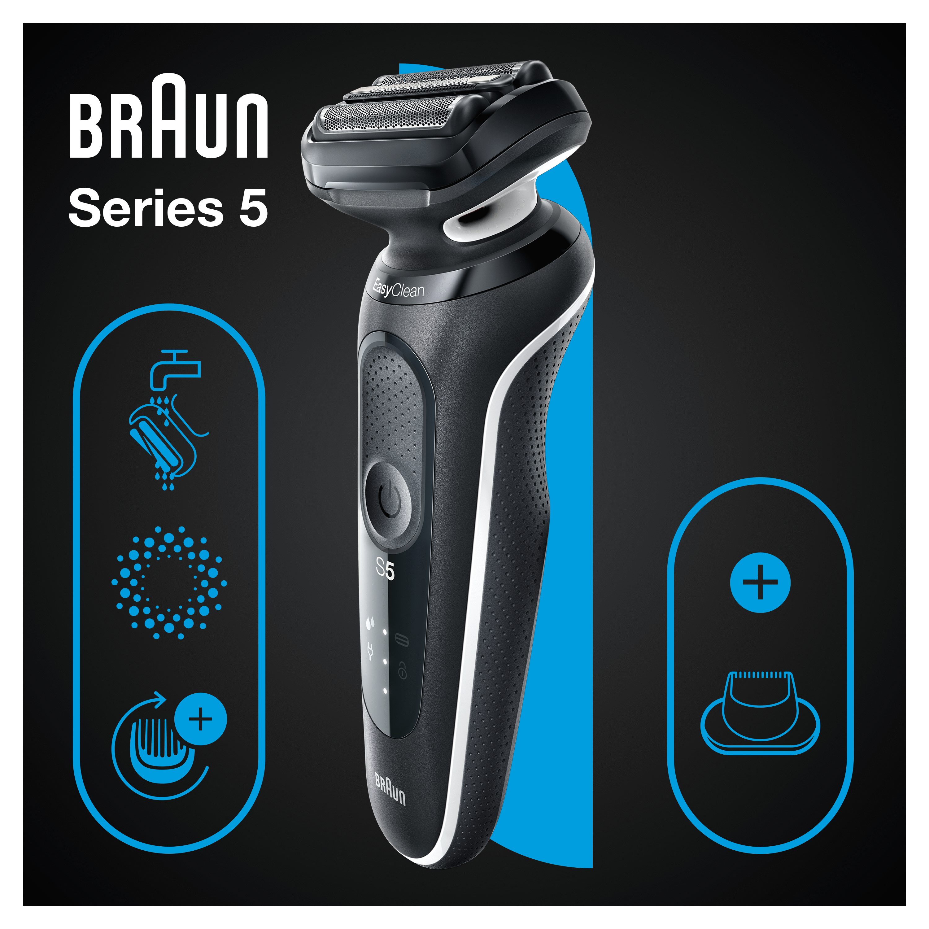 Braun Series 5 electric shaver on black background. The shaver is black and silver, with icons.