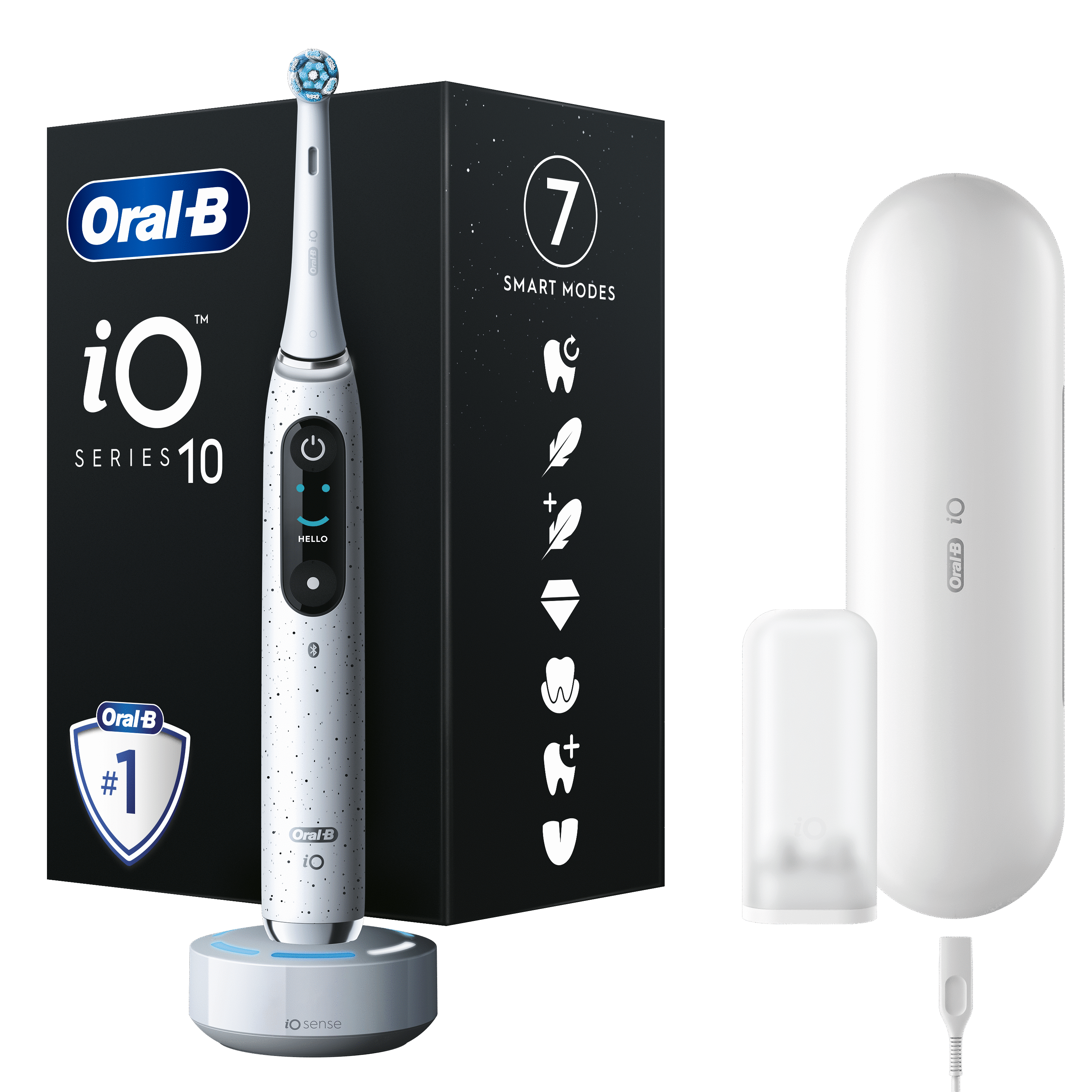 White Oral-B iO Series 10 toothbrush, charging station, travel case, and accessories, all on a black surface.