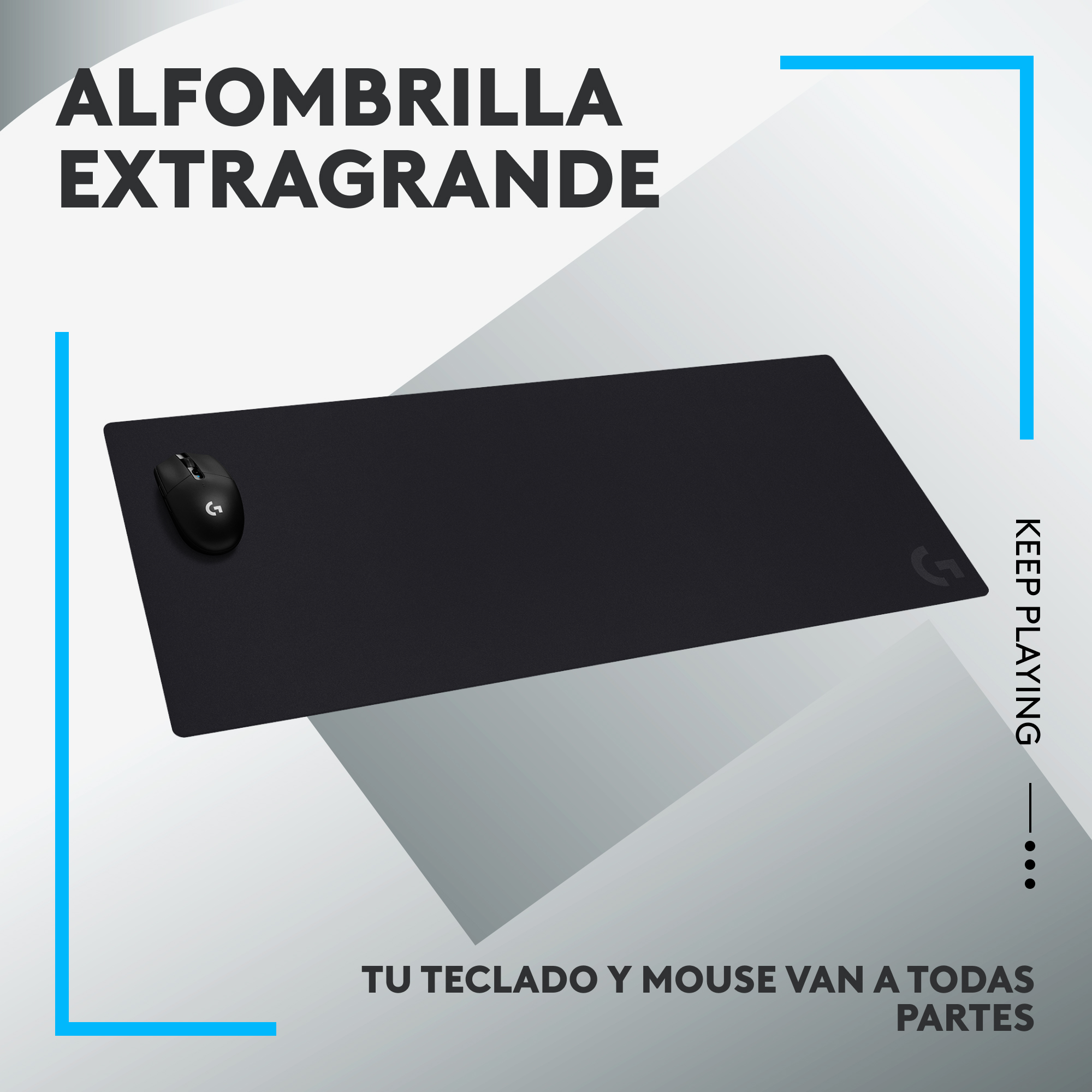 Ratón negro en una alfombrilla negra grande con texto: Keep Playing. La alfombrilla está sobre una mesa.