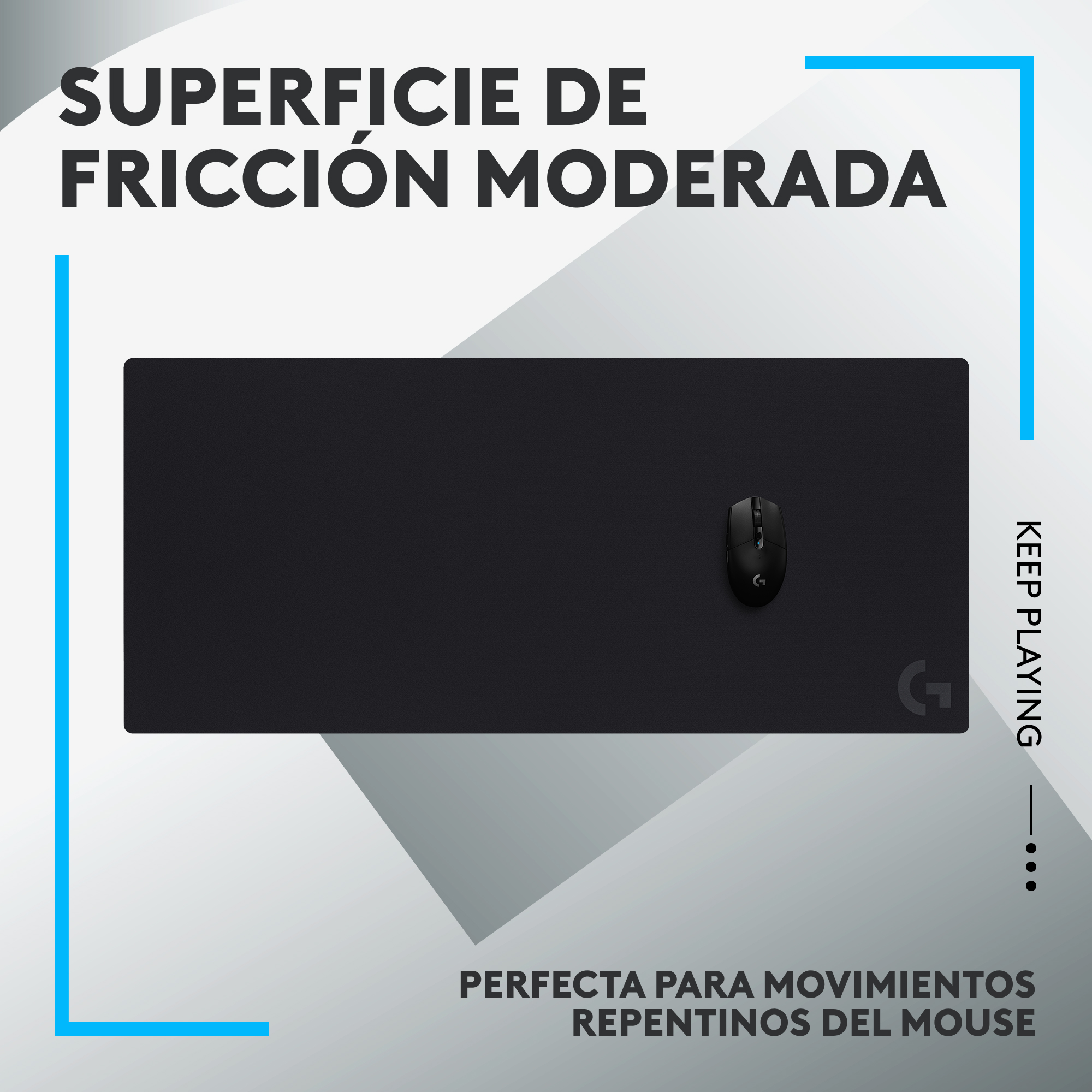 Alfombrilla negra con ratón, texto en español. Acentos azules.