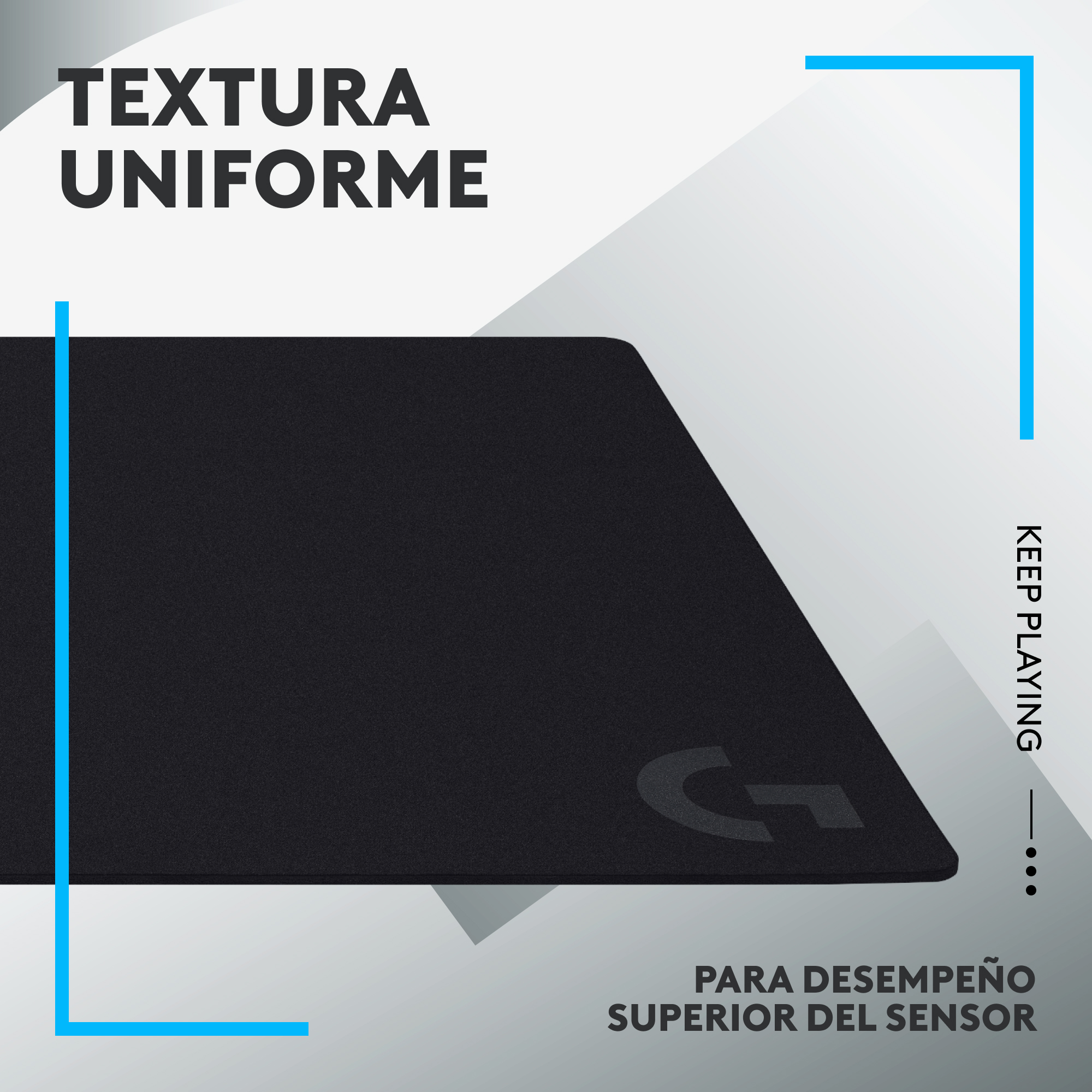 Alfombrilla de ratón negra con el texto "TEXTURA UNIFORME" y el logotipo de Logitech. Línea azul arriba.