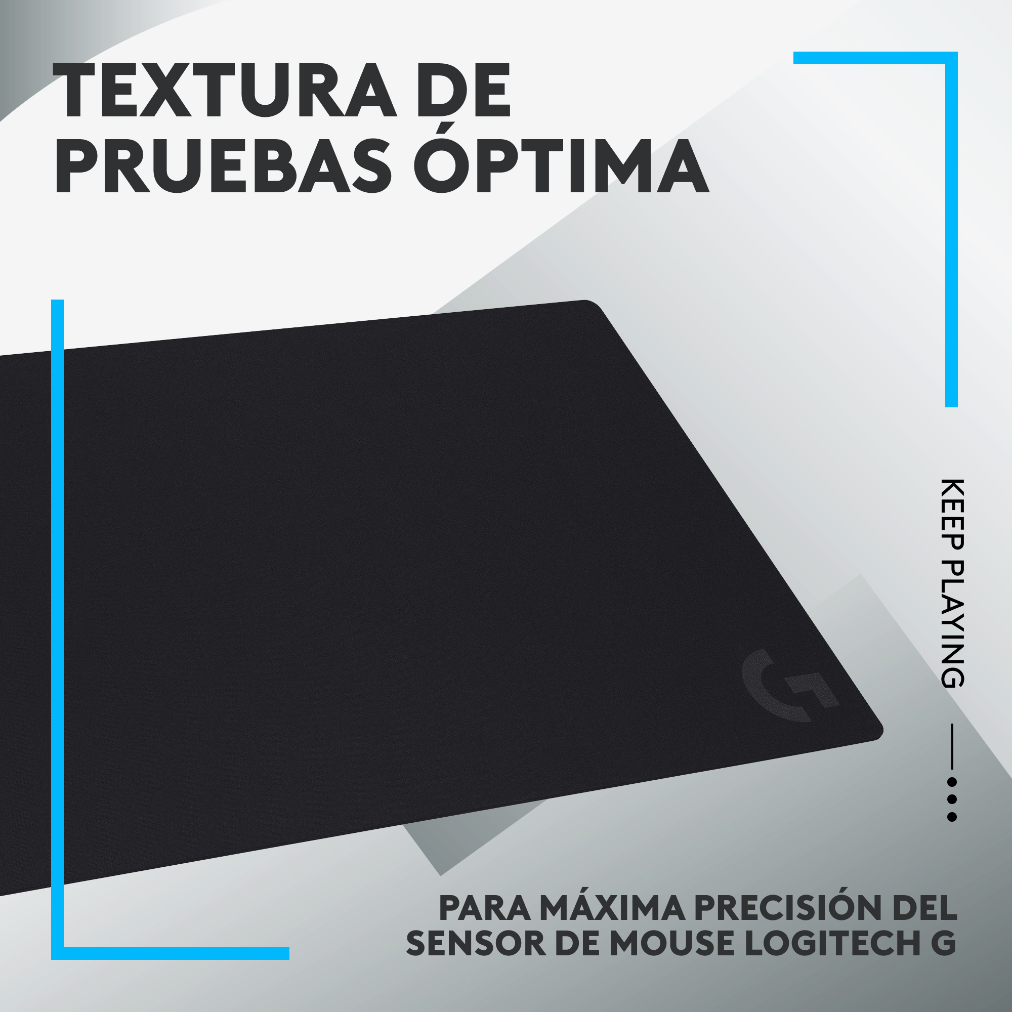 Alfombrilla de ratón con texto y logotipo. Superficie negra con textura. Marco y texto azules.