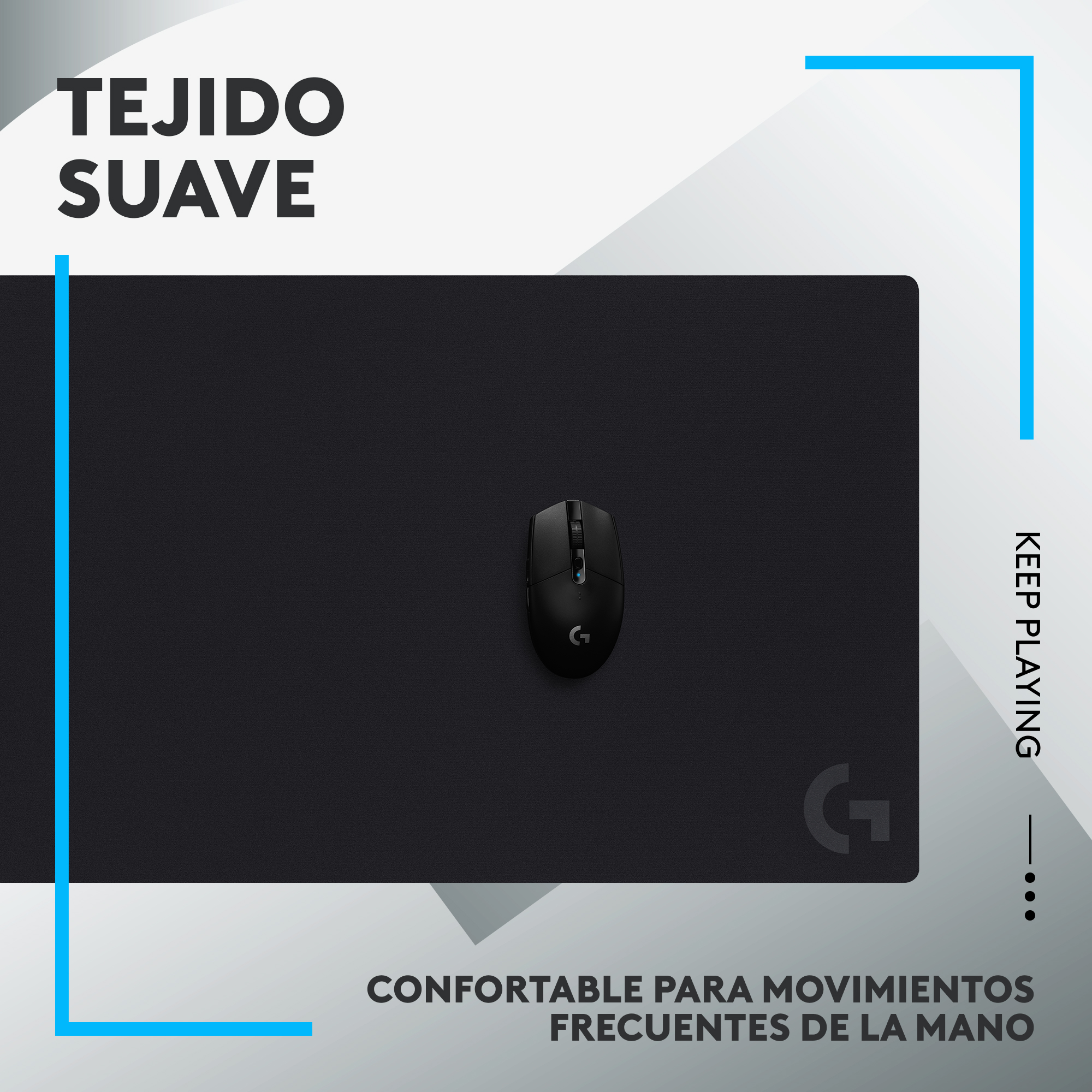 Ratón gaming negro sobre alfombrilla negra con texto. Bordes azules y texto en español.