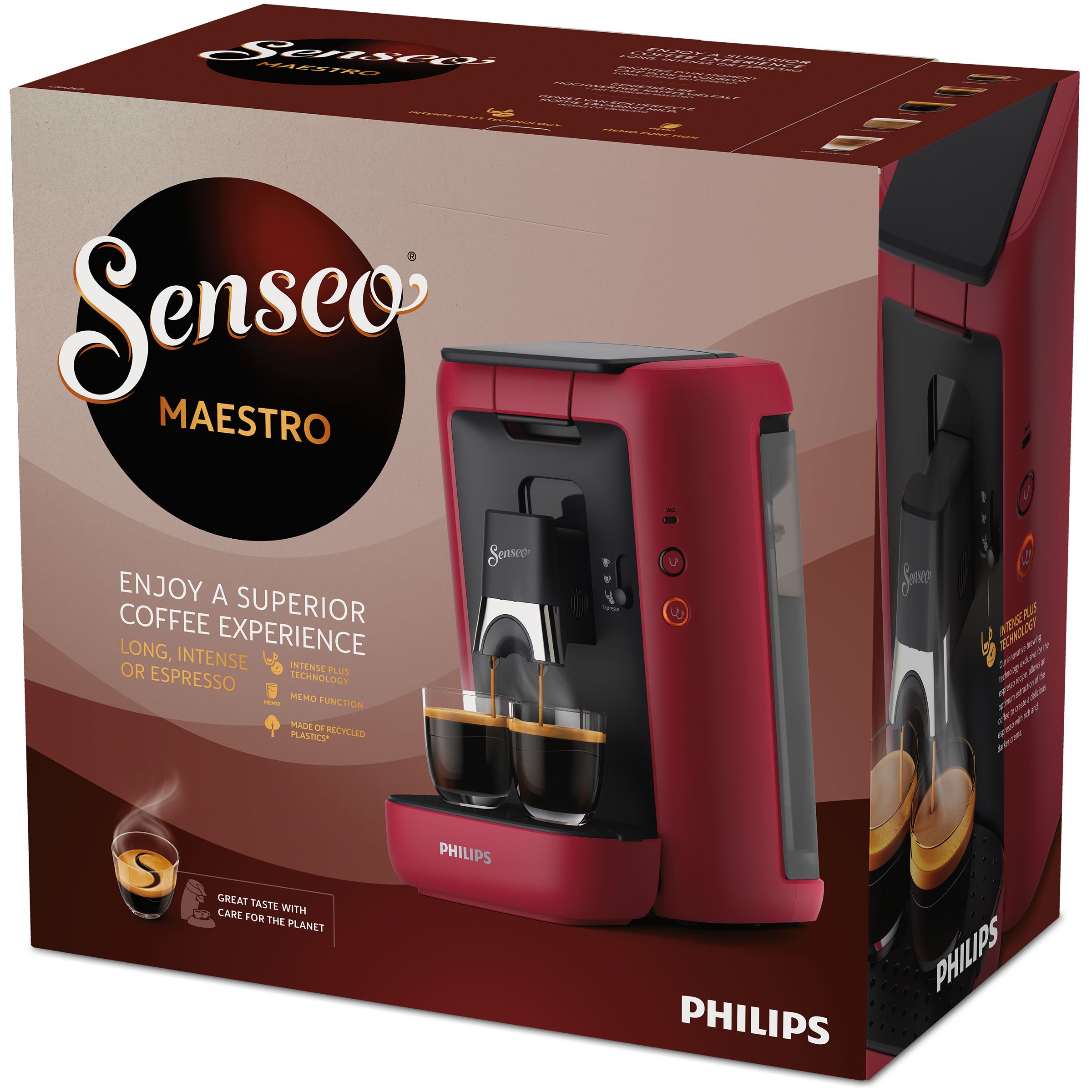 Une cafetière Senseo Maestro rouge avec deux tasses de café. Le produit est dans sa boîte d'origine, avec des détails de texte.