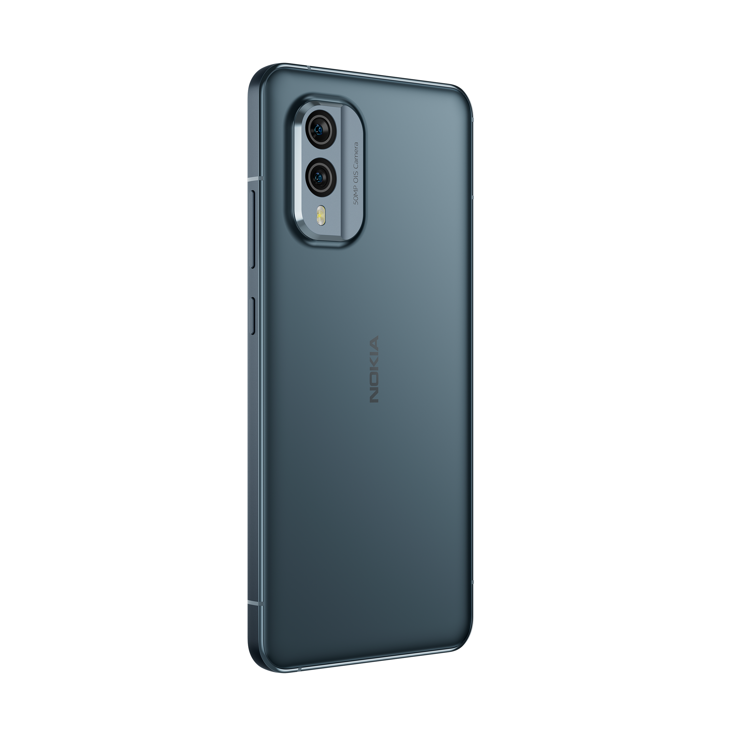 Blaues Telefon mit Dual-Kamera. Das Telefon hat ein schlankes Design auf schwarzem Grund.