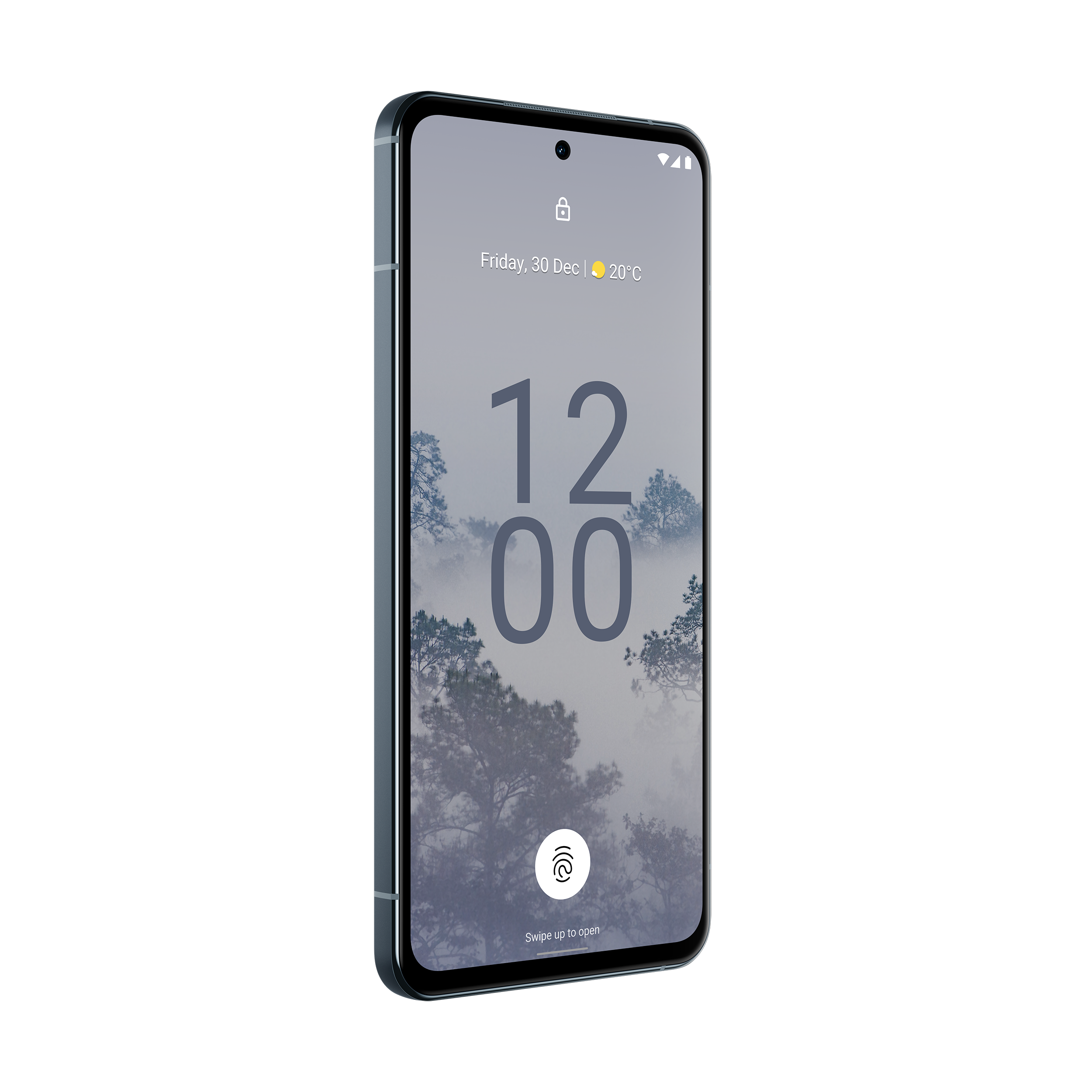 Smartphone-Bildschirm mit Uhrzeit, Datum und nebliger Landschaft. Das Telefon ist schwarz.