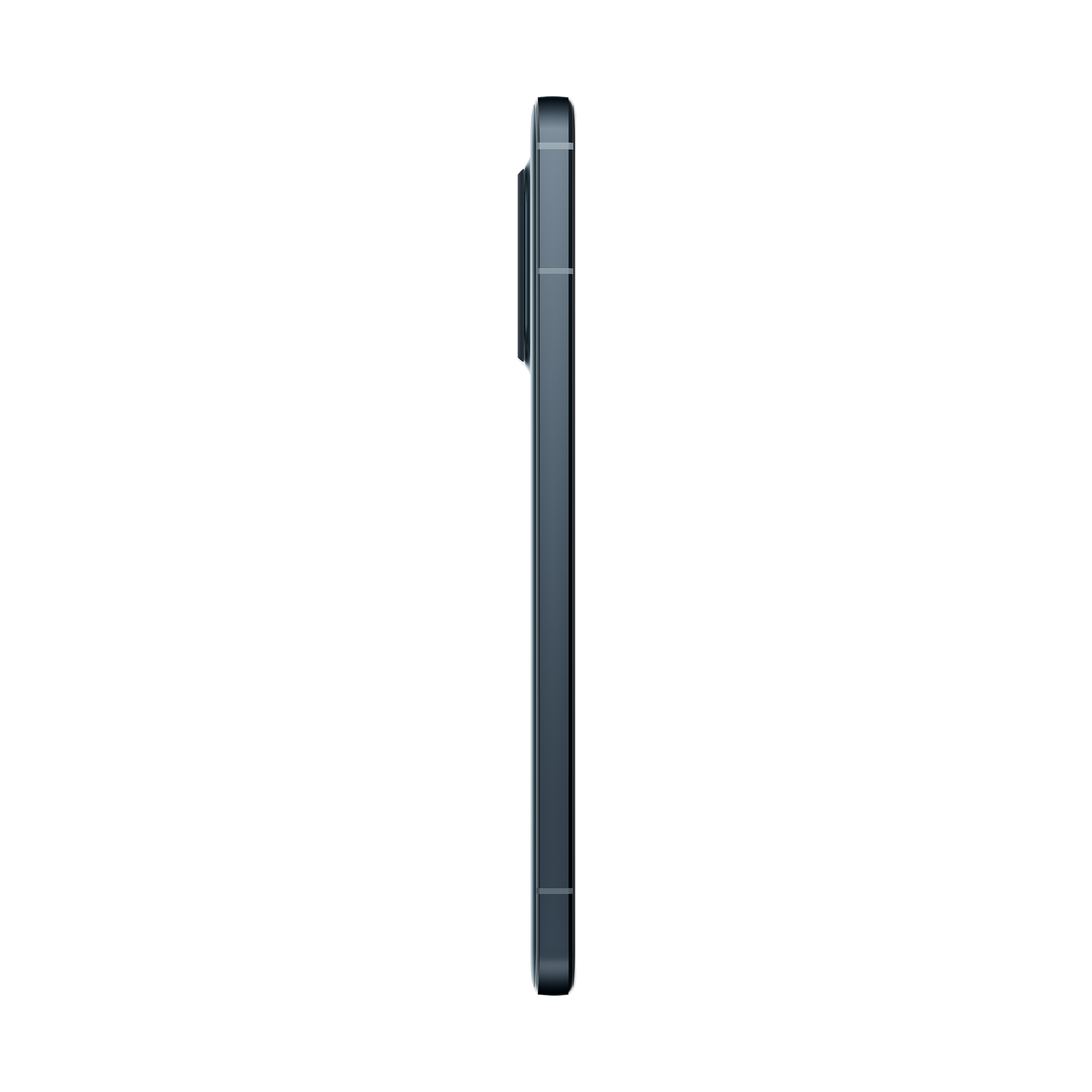Seitenansicht eines Smartphones, zeigt den Rand mit Kamera und Tasten, schwarzer Hintergrund.
