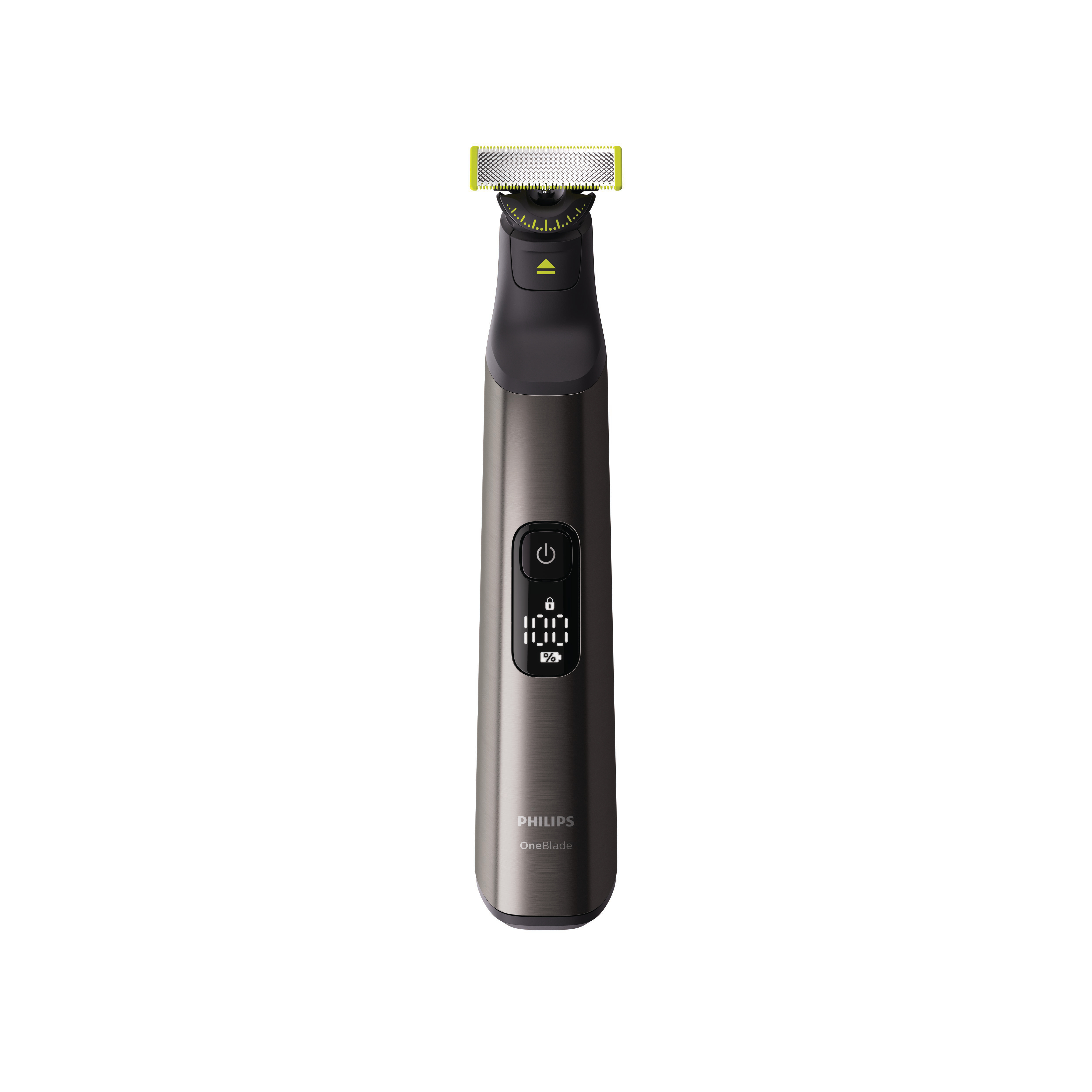 Ein Philips OneBlade Trimmer, grauer Körper, gelbe Klinge und Digitalanzeige mit 100 % Ladung.
