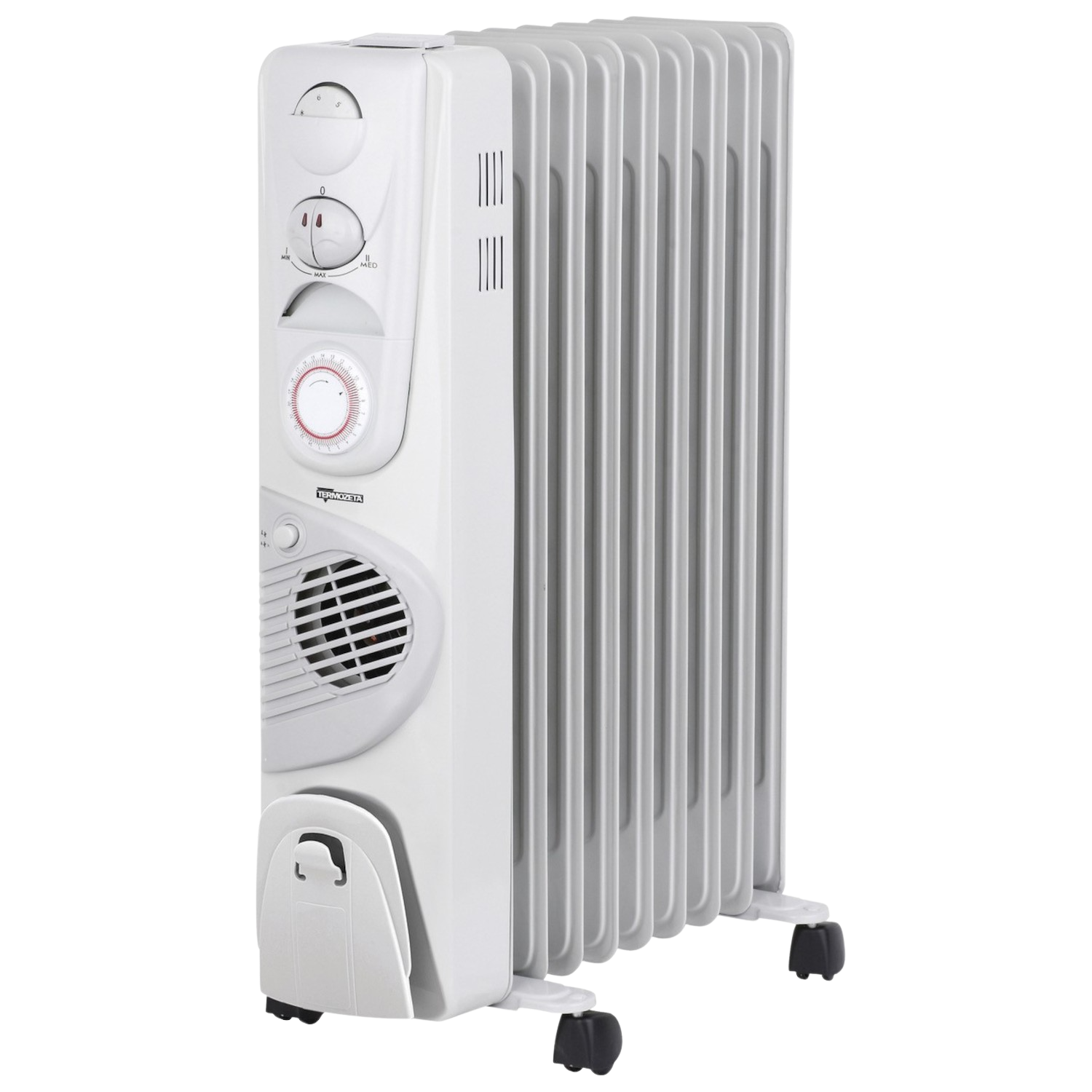 Een witte oliegevulde radiator. Het heeft meerdere vinnen en bedieningsknoppen. De radiator staat op wielen.