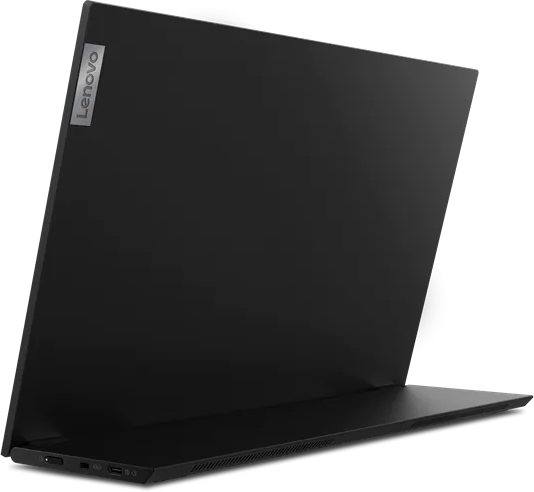 Ein schwarzer Laptop mit dem Lenovo-Logo oben, von hinten in einem Winkel betrachtet.