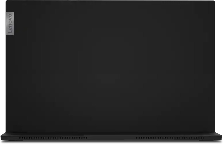 Schwarzer Lenovo-Laptop, Rückansicht. Das Lenovo-Logo ist auf der Oberseite des Deckels sichtbar.