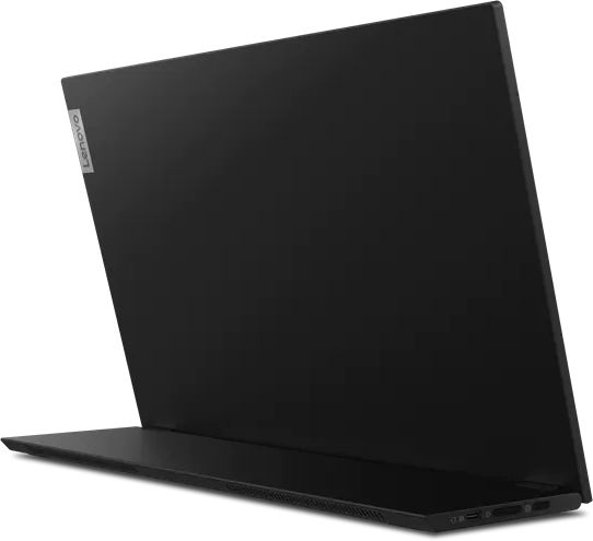 Schwarzer Laptop, Lenovo-Logo. Von der Seite angewinkelt. Teilweise geöffnet, schwarzer Bildschirm sichtbar.