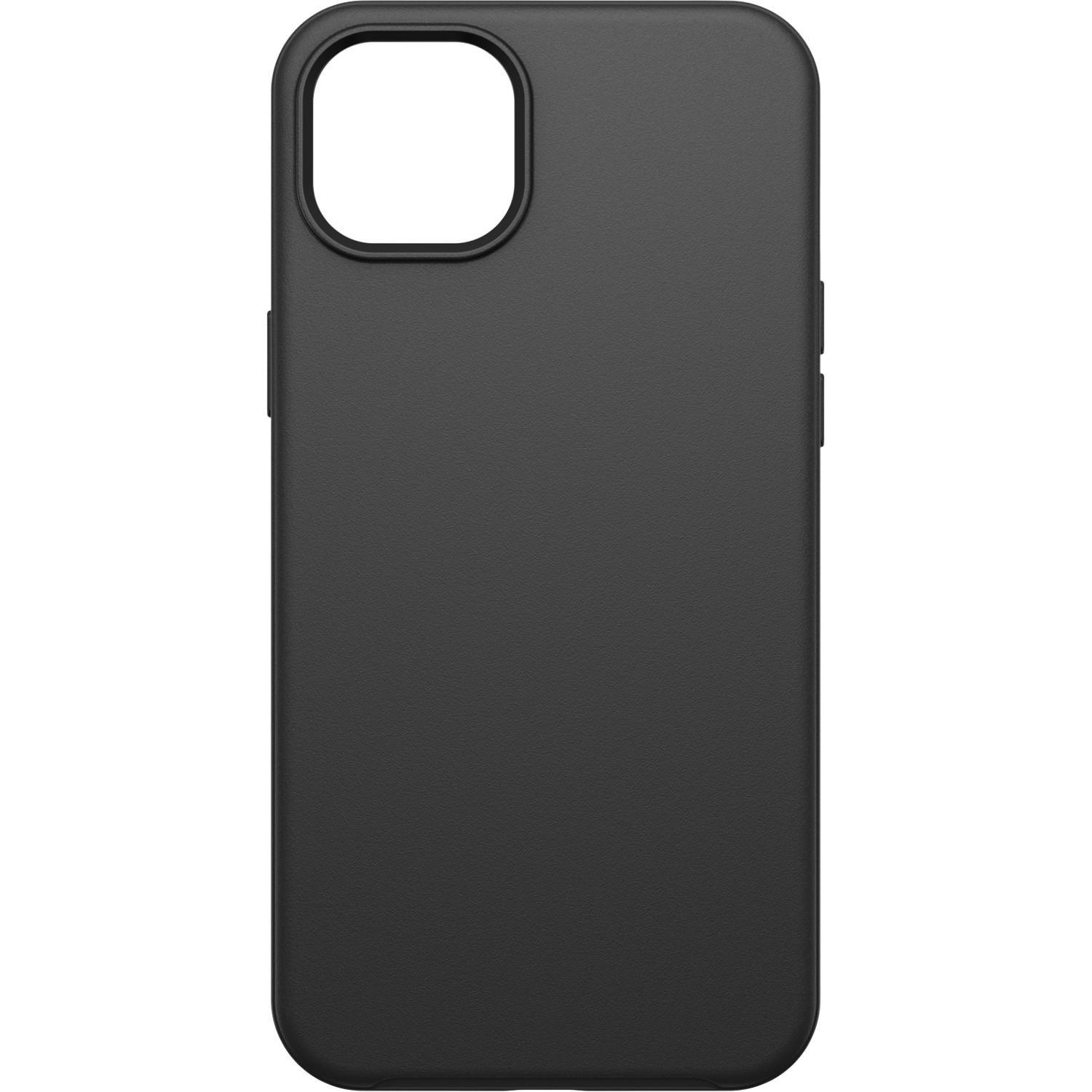 Zwarte iPhone-hoes, toont de achterkant met de camera-uitsparing.