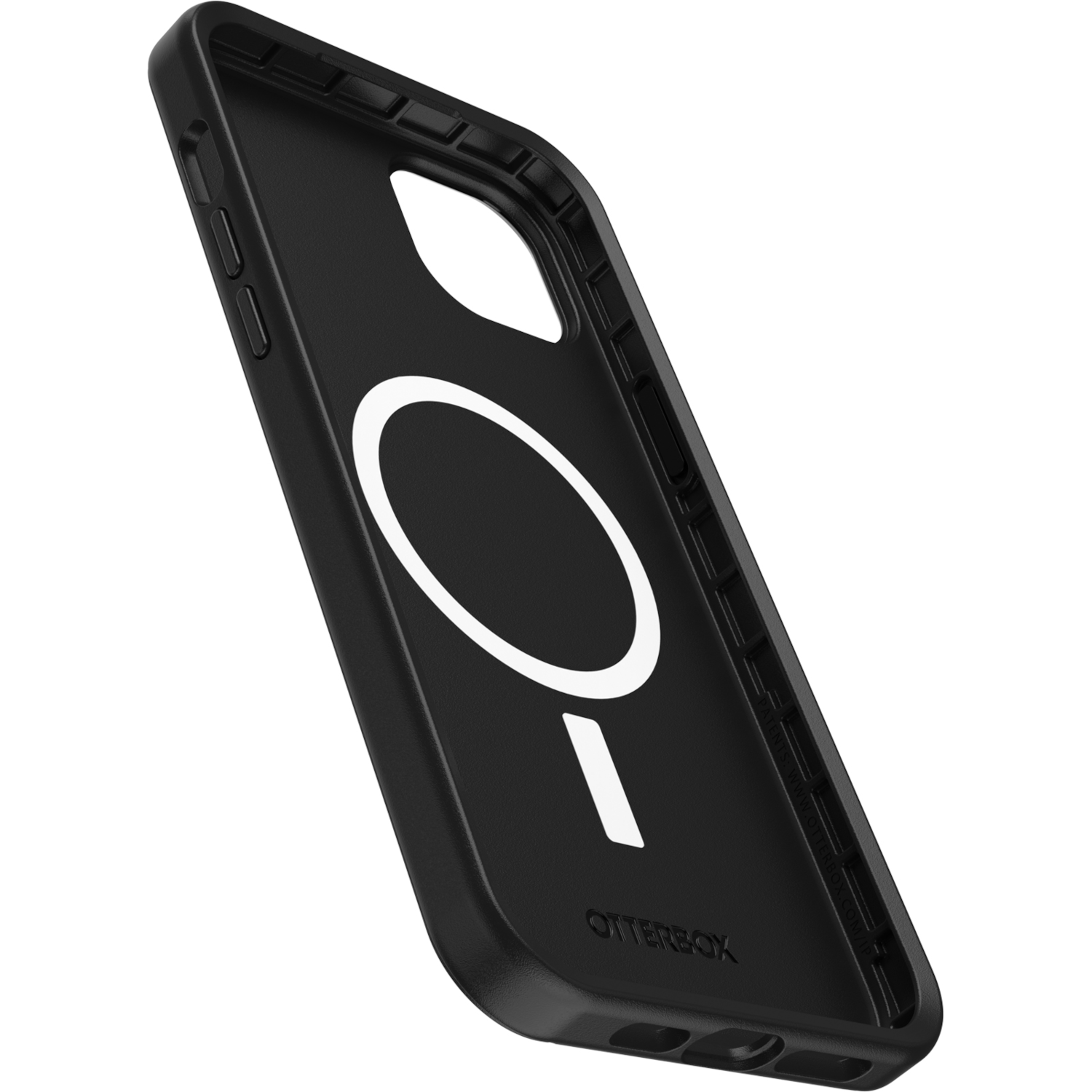 Zwarte telefoonhoes binnenkant met een witte cirkel en een minteken.