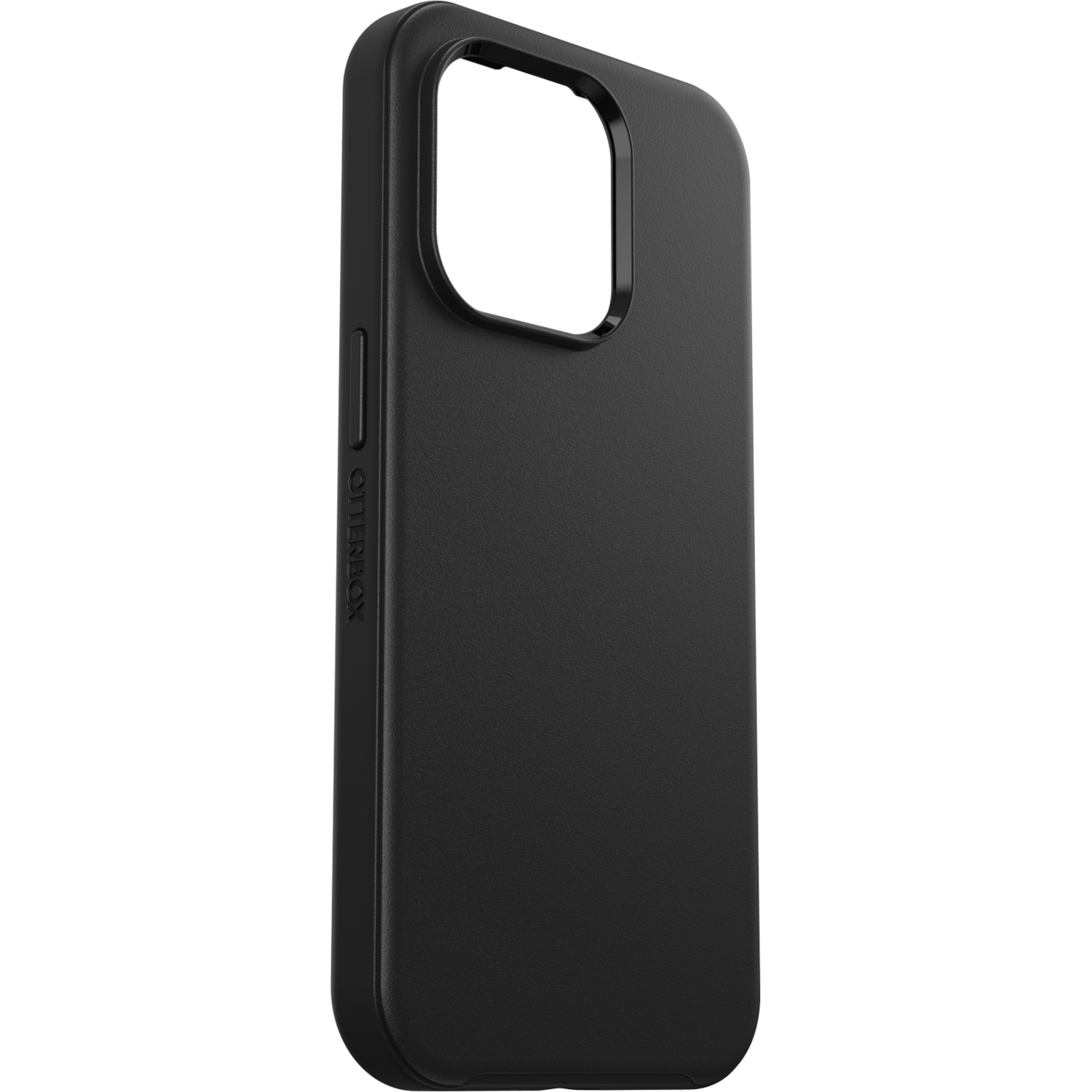 Een zwarte telefoonhoes met een uitsparing voor de camera, van opzij bekeken.