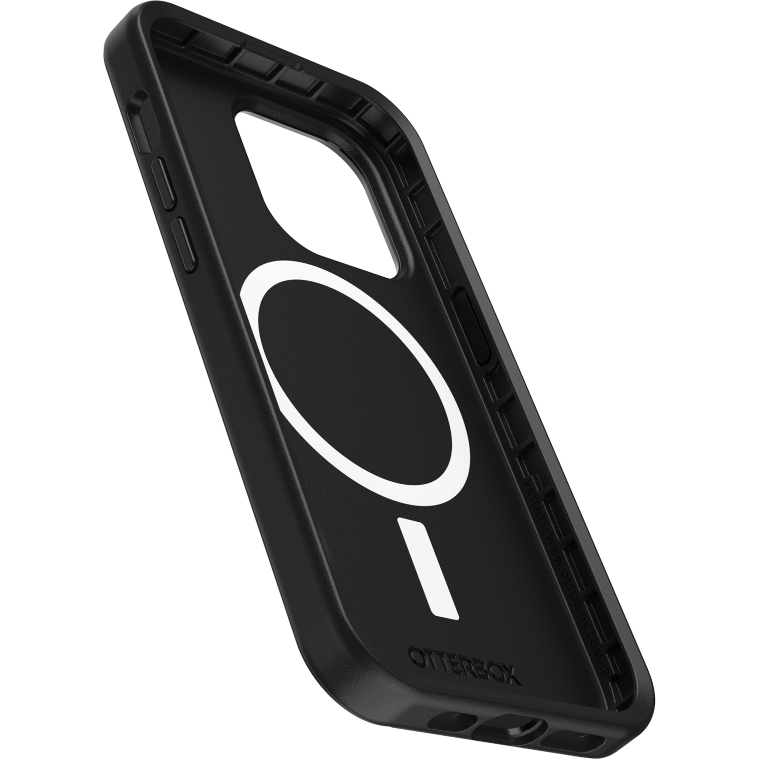 Zwarte telefoonhoes binnenkant met een witte cirkel en een witte verticale balk. De merknaam OtterBox is zichtbaar.