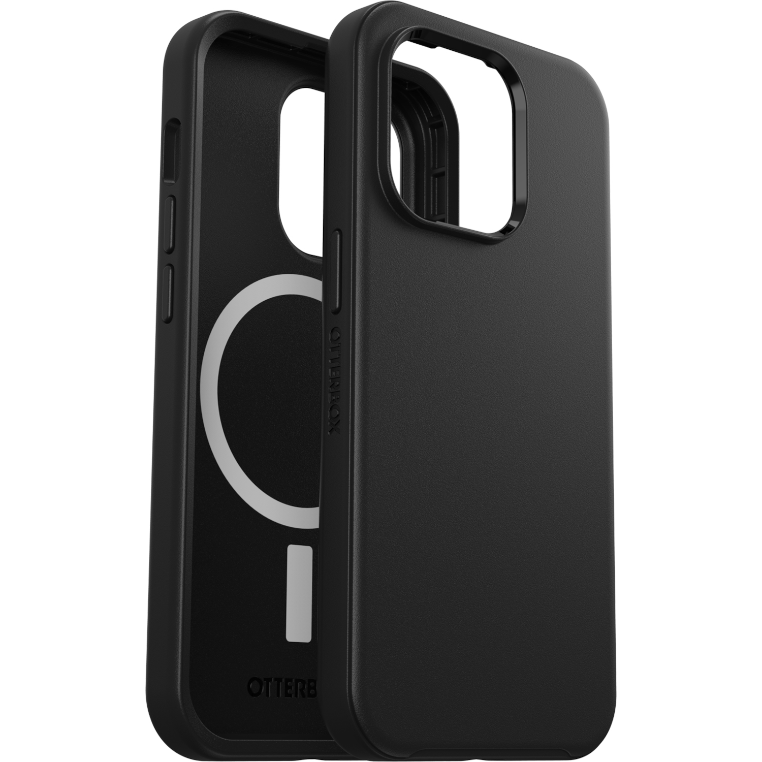 Zwarte telefoonhoes met zichtbare witte magnetische ring aan de binnenkant.