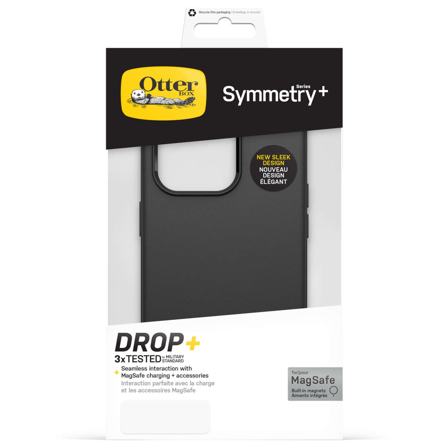 Zwarte OtterBox telefoonhoes in verpakking, met tekst: DROP+ en MagSafe compatibiliteit.