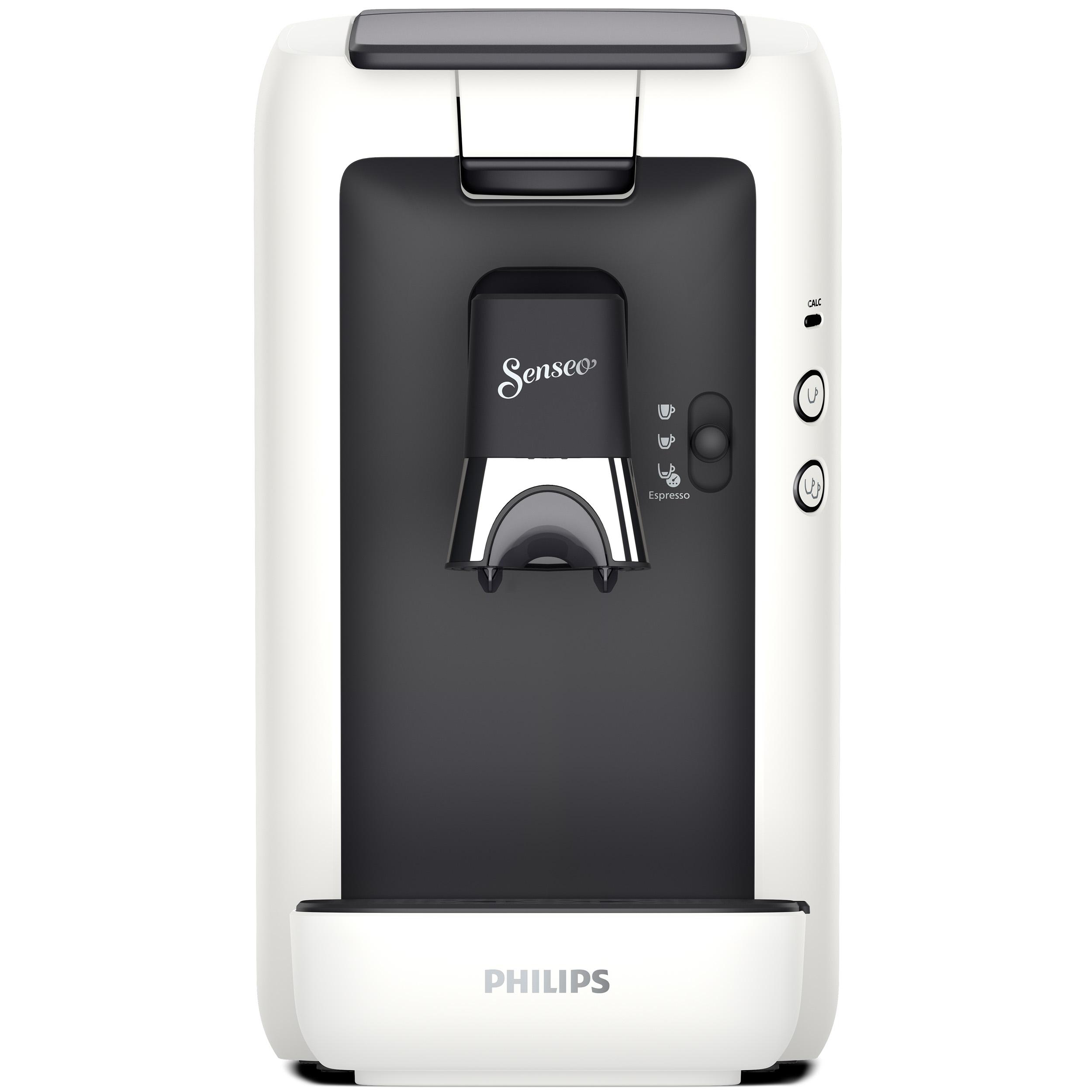 Weiße Senseo Kaffeemaschine. Schwarzer Kaffeeauslass, Knöpfe und Tassenhalter. Philips-Logo auf der Basis.