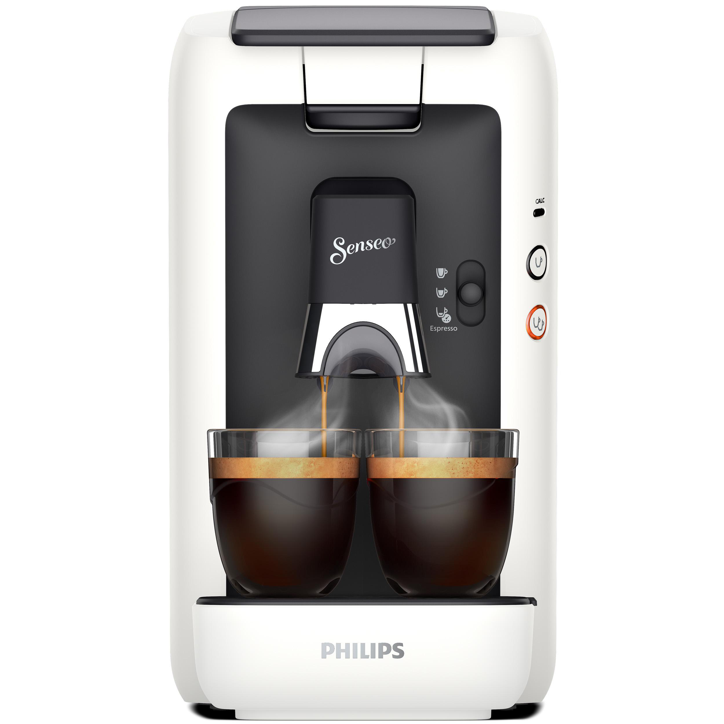 Eine weiße Kaffeemaschine mit zwei Tassen. Kaffee wird gegossen. Der Text ist sichtbar.