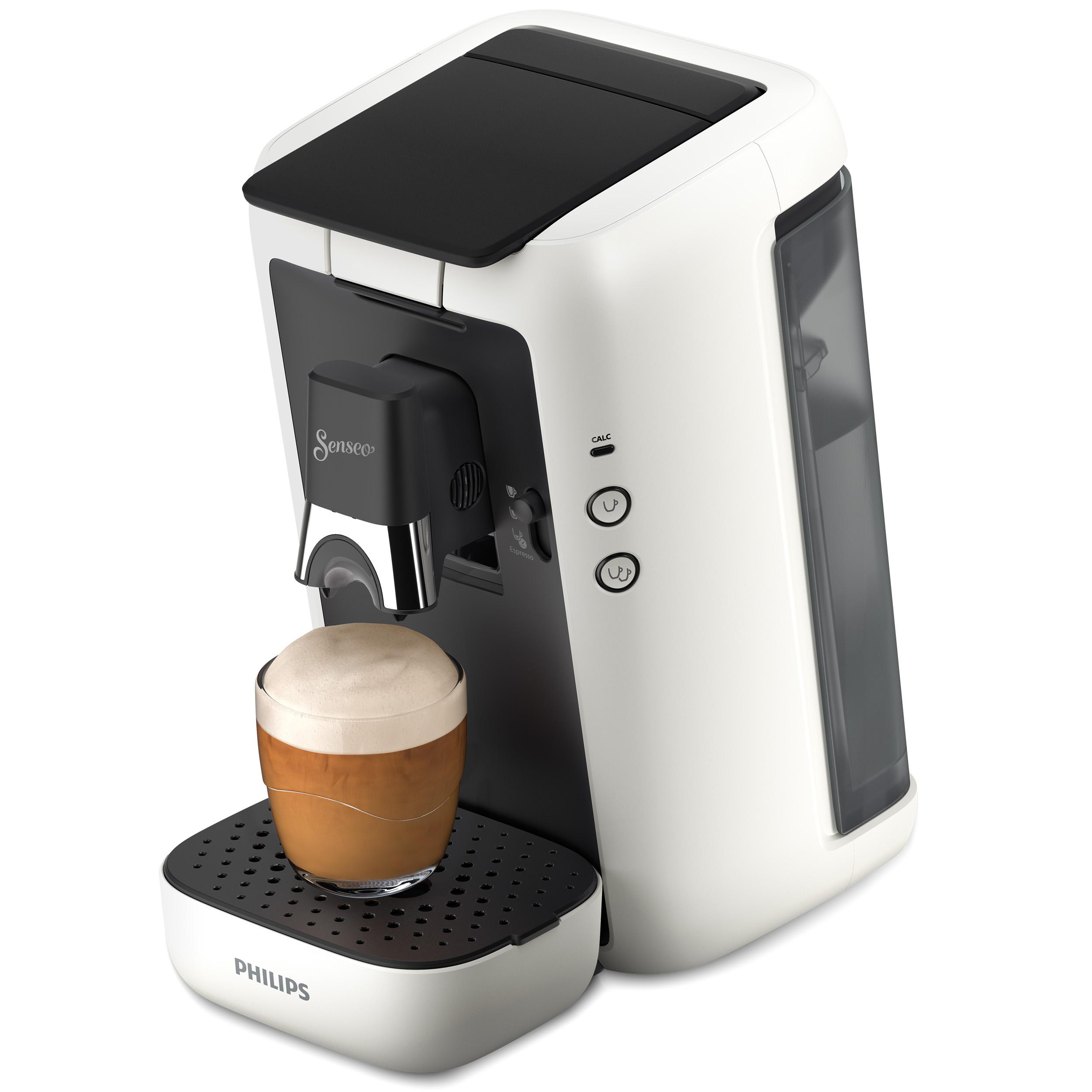 Philips Senseo Kaffeemaschine. Weiß und schwarz, Kaffeetasse und Schaum.
