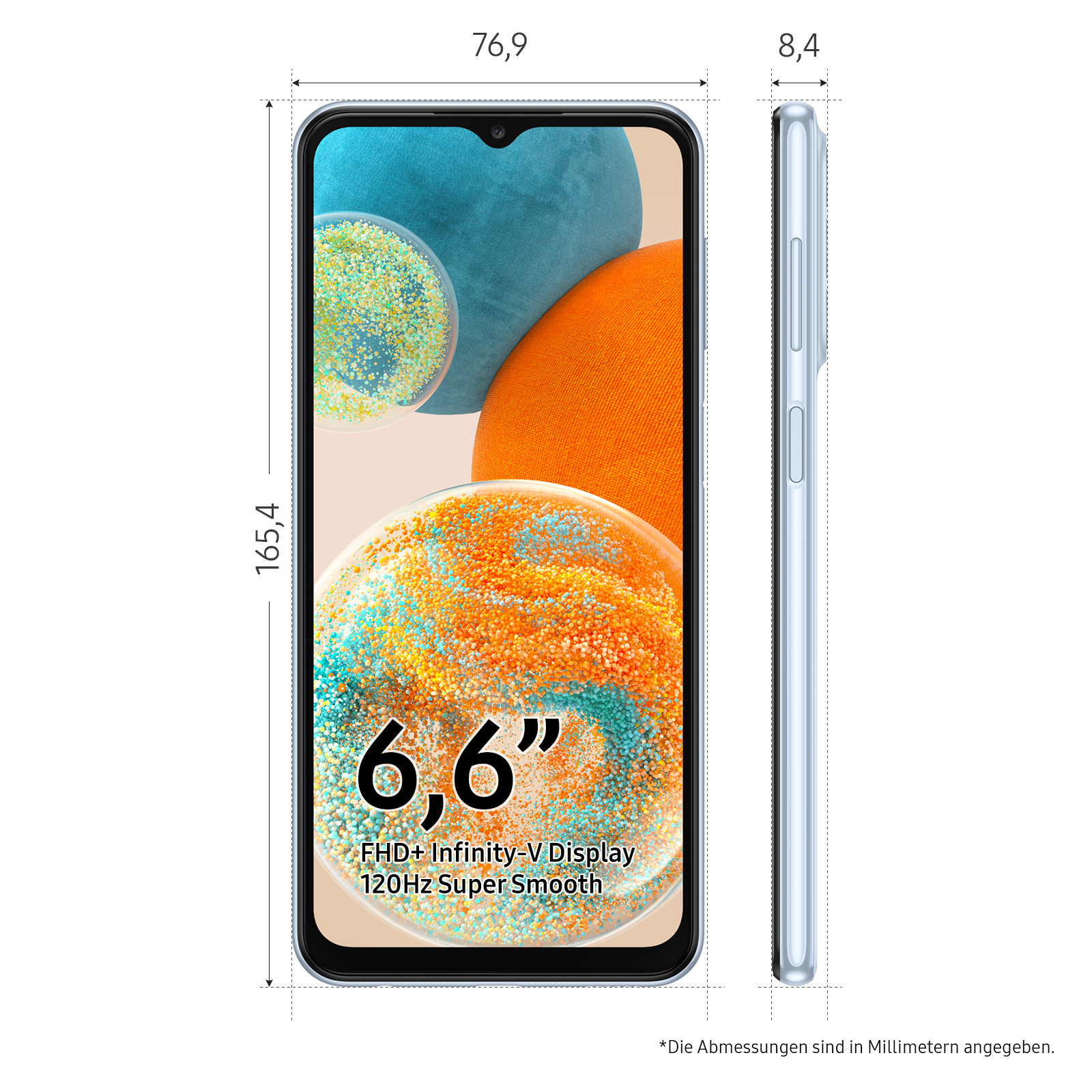 Ein Smartphone mit angezeigten Abmessungen, zeigt Vorder- und Seitenansicht.