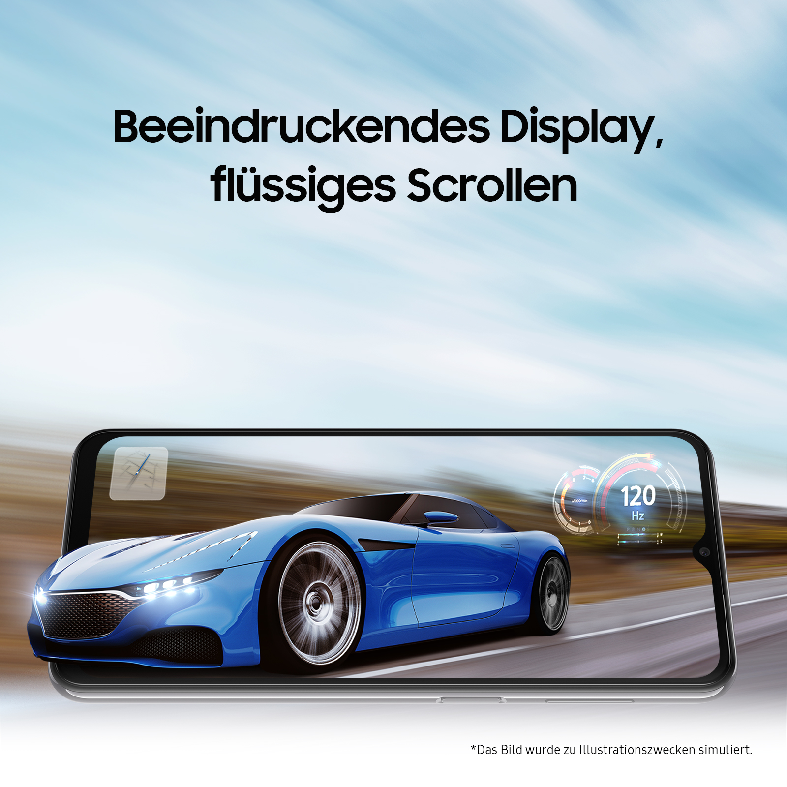 Ein Telefon, das eine Autorennen-Simulation zeigt. Der Hintergrund ist ein verschwommener Himmel und eine Straße.