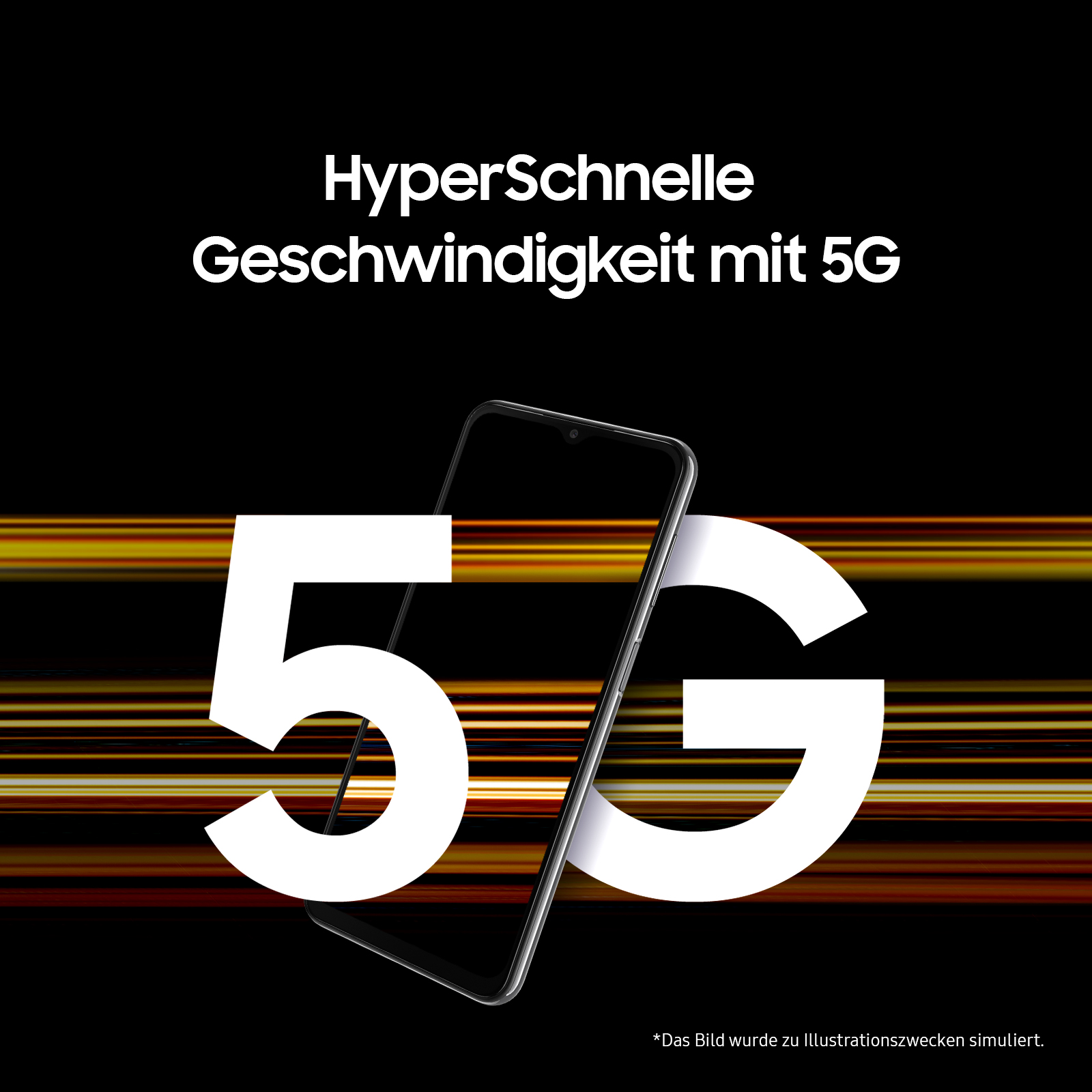 Schwarzer Hintergrund mit Smartphone und 5G-Grafik, mit Text.