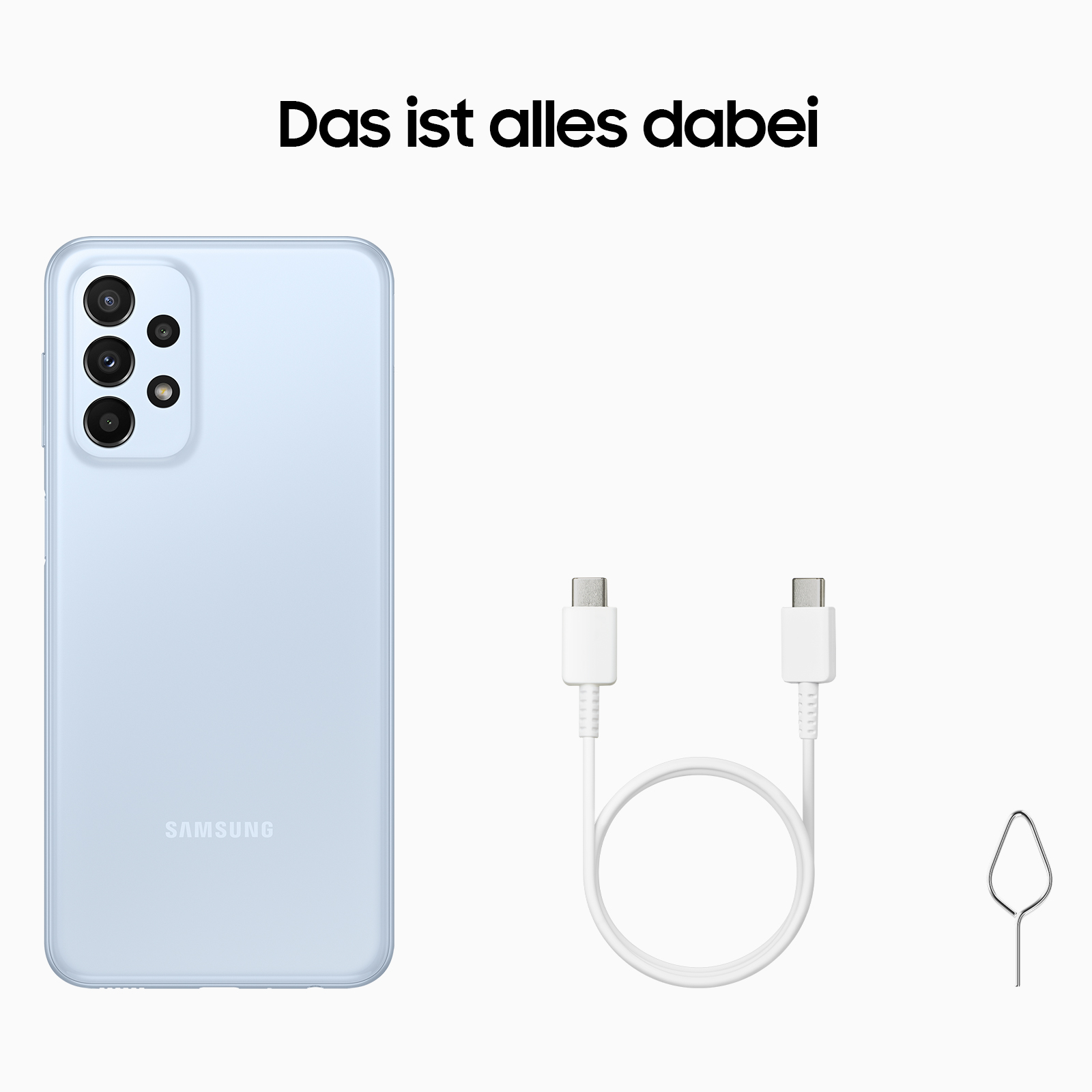 Ein hellblaues Samsung-Telefon, ein weißes Ladekabel und ein Werkzeug zum Entfernen der SIM-Karte.