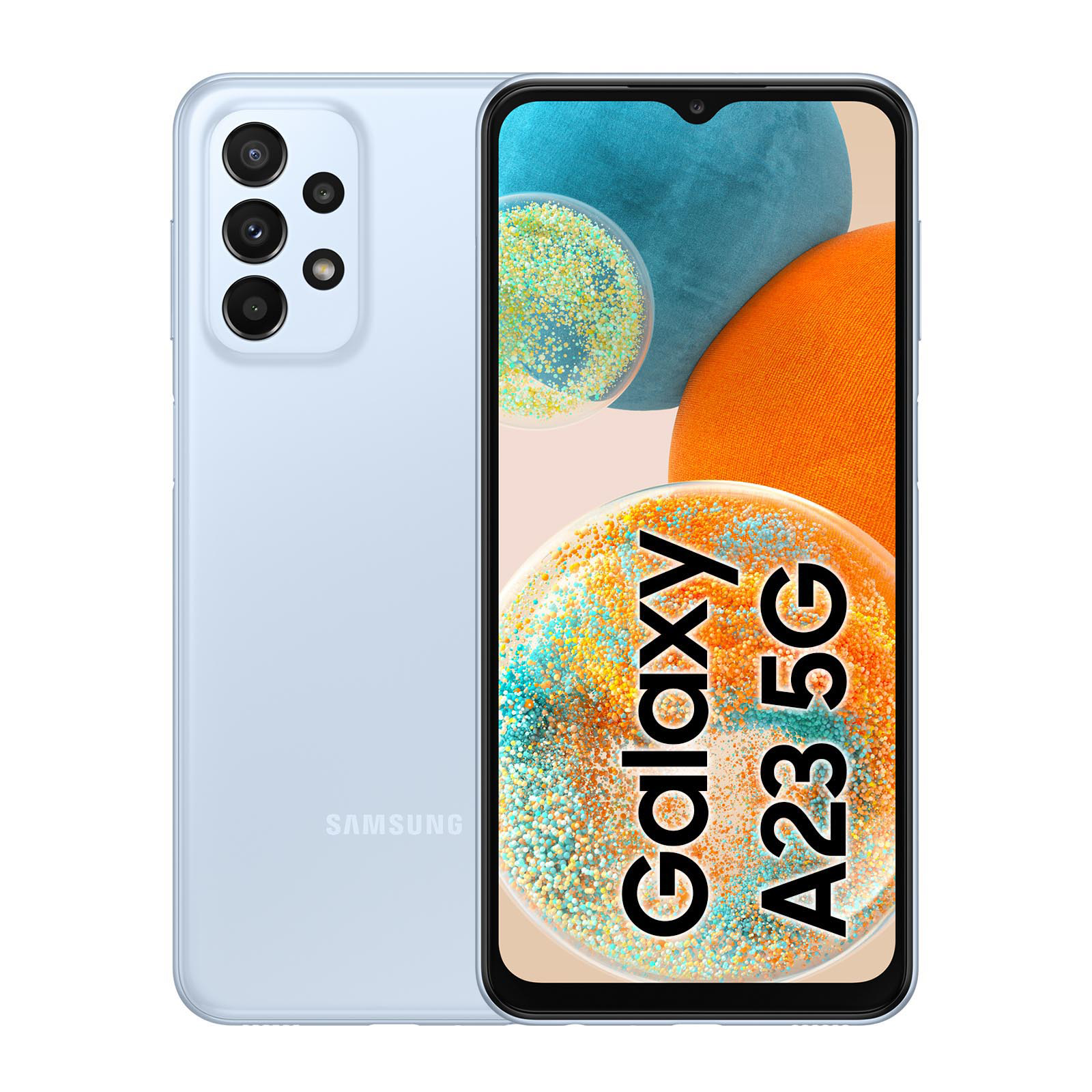 Hellblaues Samsung Galaxy A23 5G Smartphone. Das Telefon zeigt das Galaxy A23 5G Logo auf dem Bildschirm.