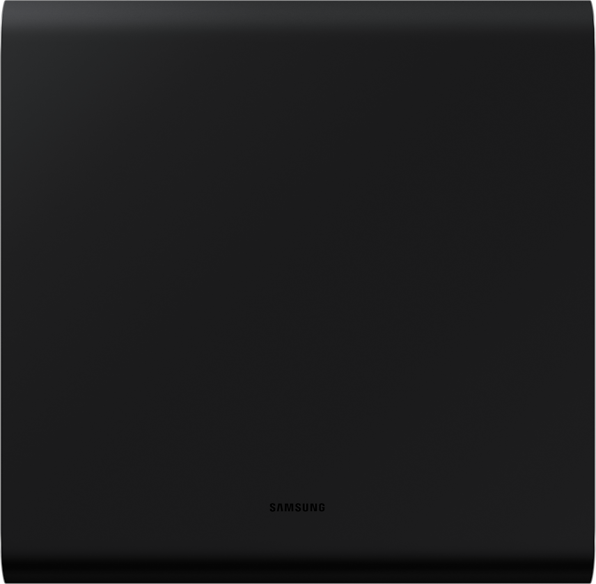 Fekete Samsung soundbar. Téglalap alakú. A Samsung logója alul.
