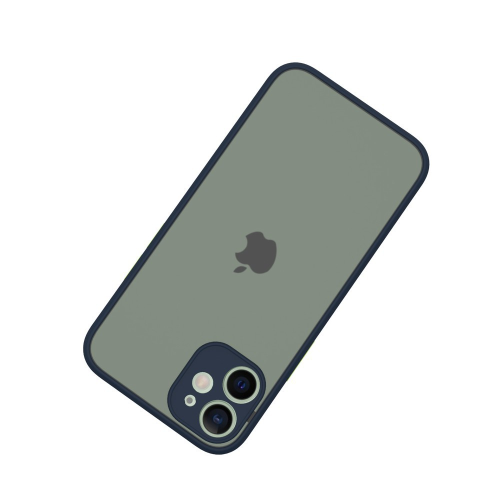 iPhone zöld-szürke tokban, sötétkék kerettel, Apple logóval.