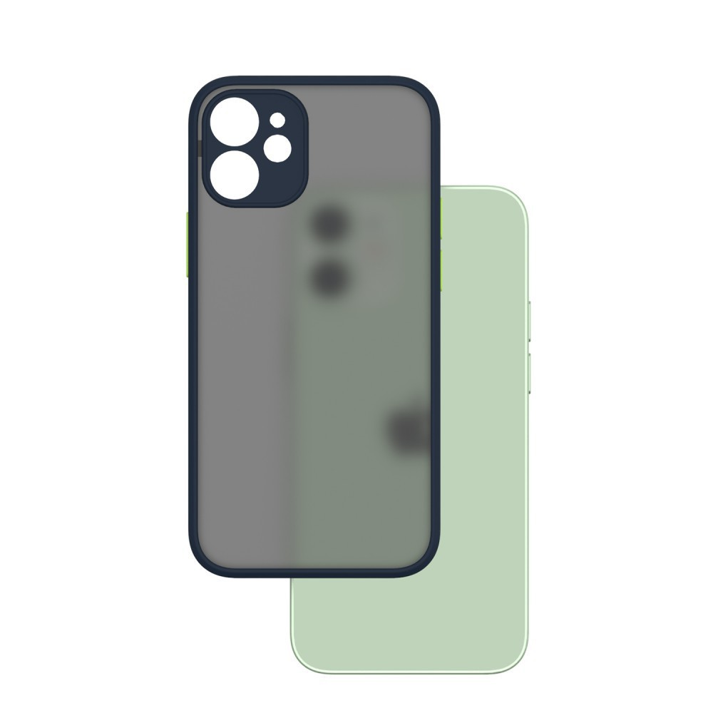Egy mobiltelefon tok két részből áll: egy sötétkék keretből és egy zöld hátlapból.