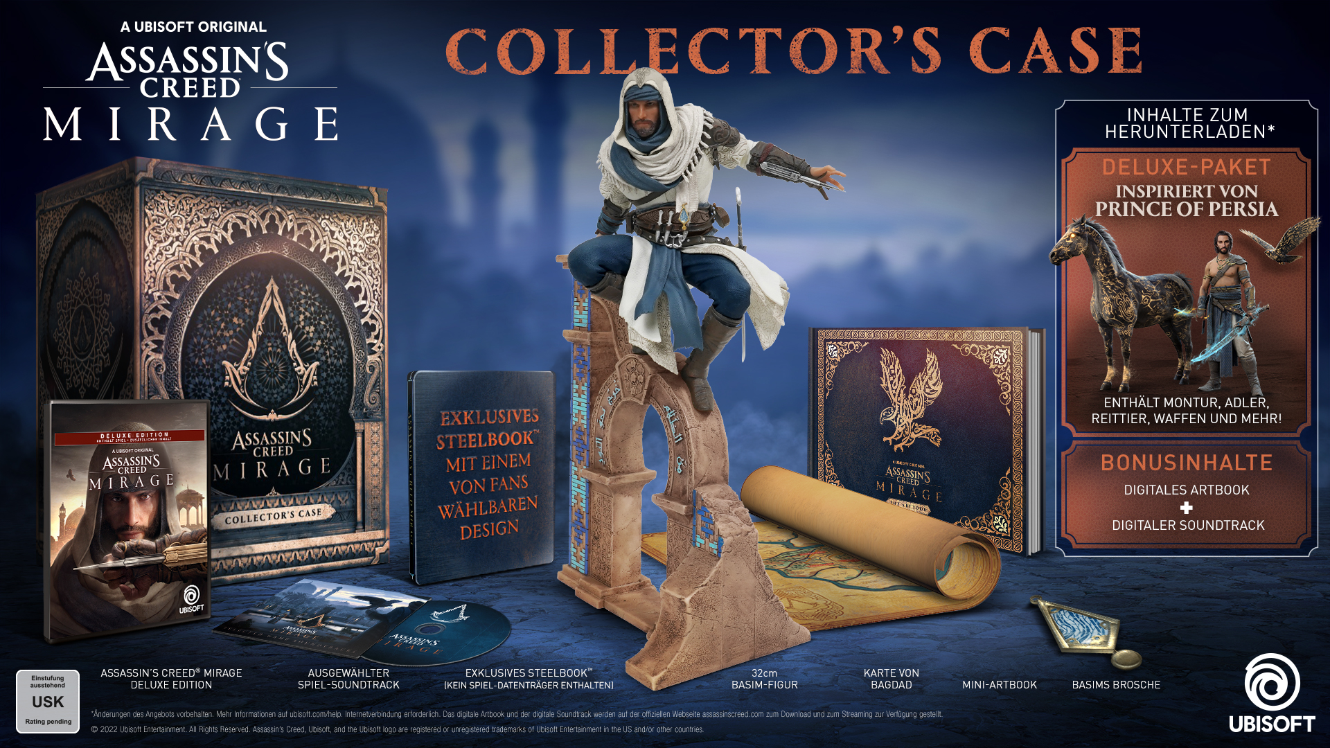 Assassin's Creed Mirage Collector's Case mit Figur, Spiel, Artbook und Karte.
